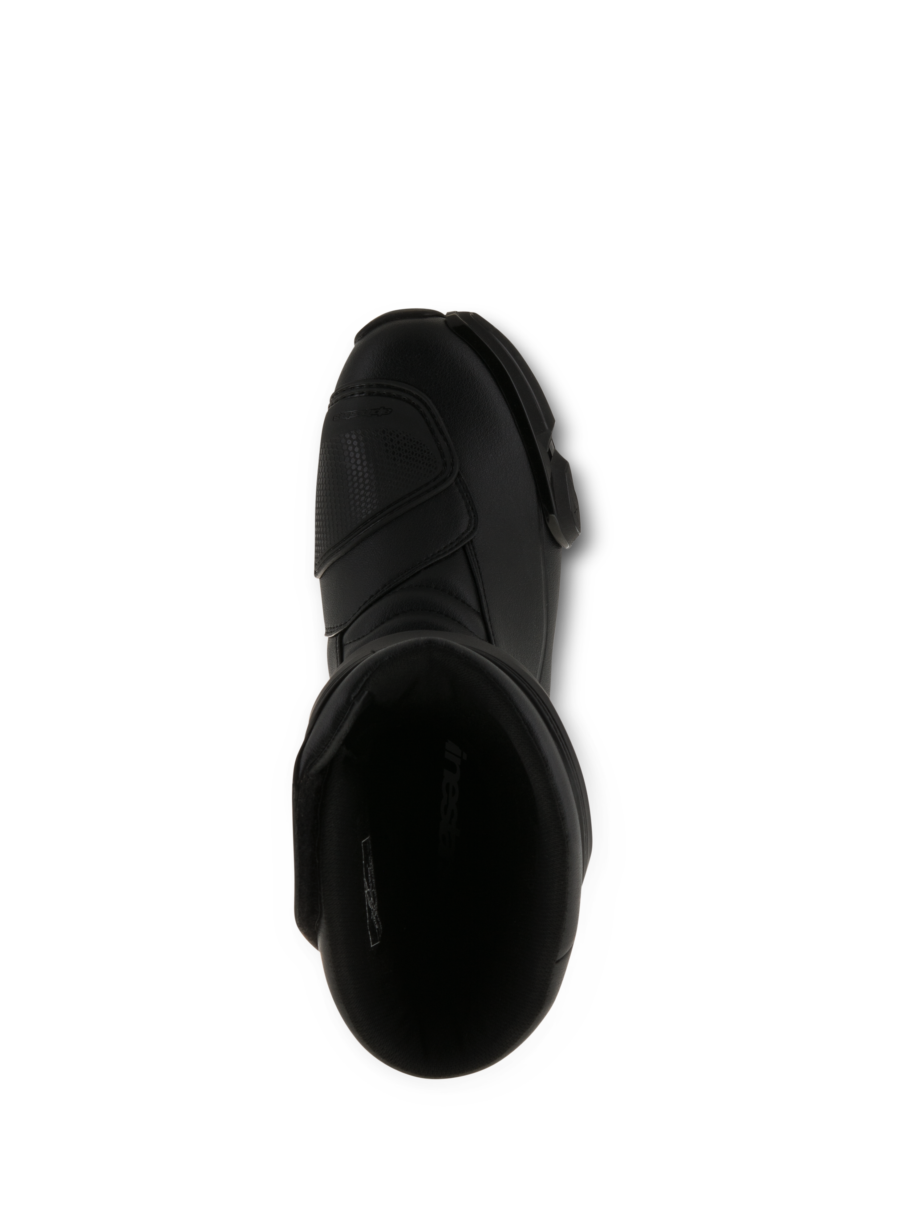 Alpinestars SMX S laarzen, zwarte motorlaarzen, bovenaanzicht kijkend in de opening, volledig zwarte microvezelconstructie met verstevigd schakelvlak en ergonomisch beschermend ontwerp