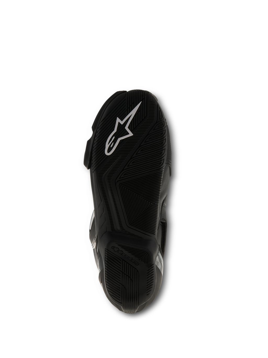 Alpinestars SMX S laarzen, zwart, onderaanzicht van de zool met getextureerd rubbermengsel en wit Alpinestars-logo, performance motorrace-schoeisel