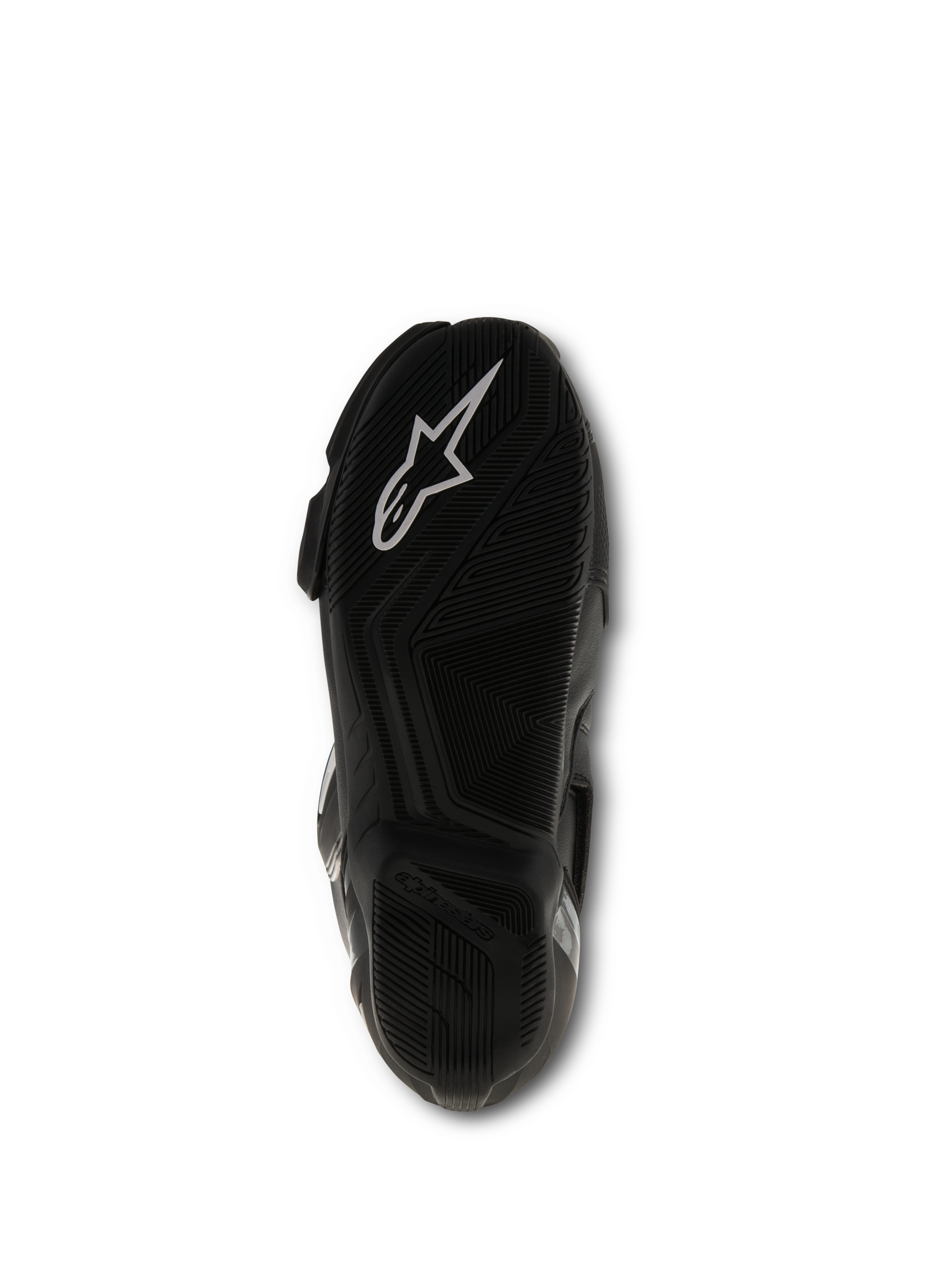 Alpinestars SMX S laarzen, zwart, onderaanzicht van de zool met getextureerd rubbermengsel en wit Alpinestars-logo, performance motorrace-schoeisel