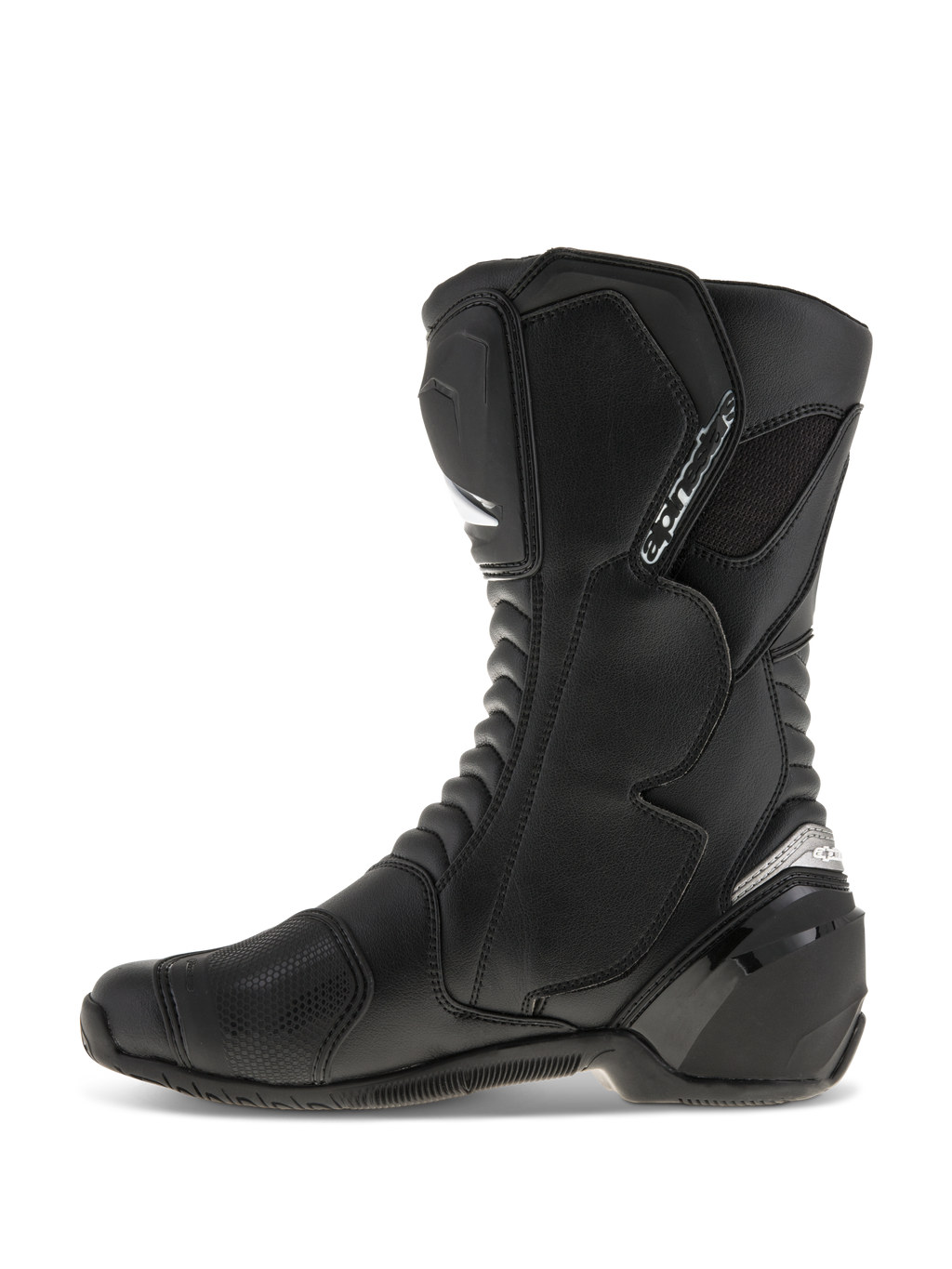 Alpinestars SMX S laarzen, motorlaarzen, zwart op zwart, zijprofiel, met duurzaam microvezel bovenwerk, PU scheenbeen- en hielbeschermers, ergonomisch ontwerp voor sportief rijden en straatgebruik