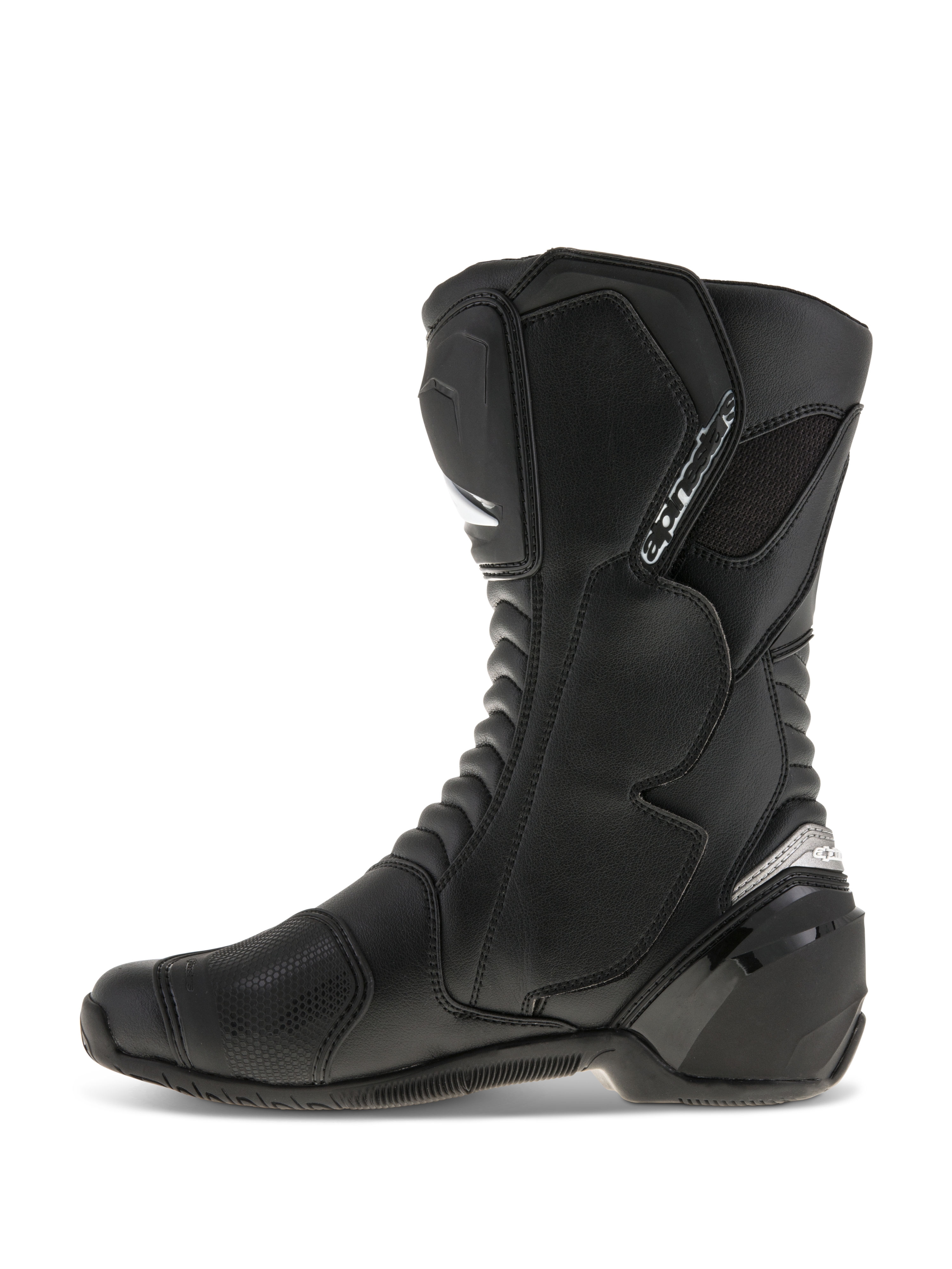 Alpinestars SMX S laarzen, motorlaarzen, zwart op zwart, zijprofiel, met duurzaam microvezel bovenwerk, PU scheenbeen- en hielbeschermers, ergonomisch ontwerp voor sportief rijden en straatgebruik