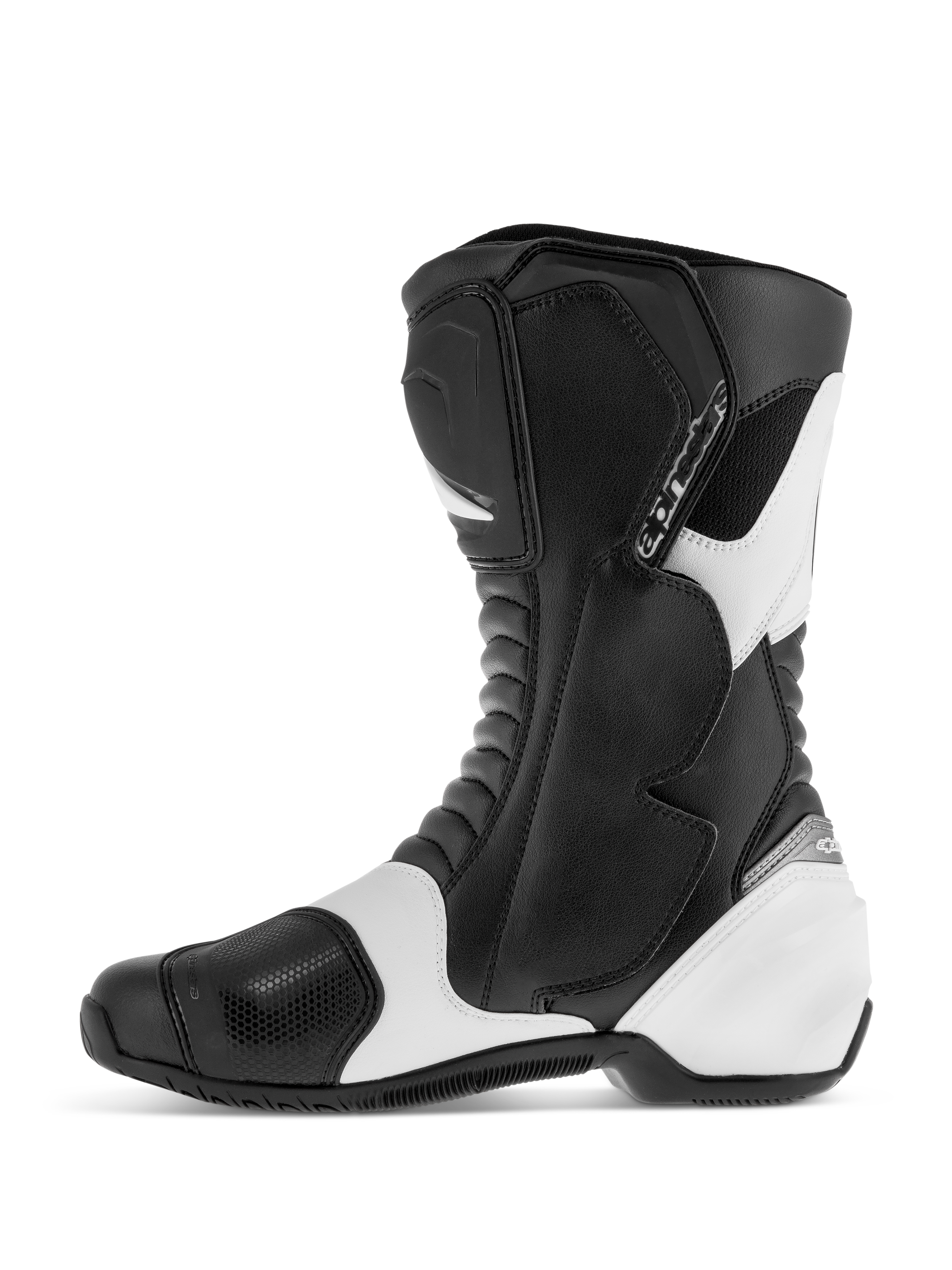 Alpinestars SMX S Boots, sport road motorcycle boots, Black and White, side profile showing durable microfiber upper with reinforced shin, ankle, and heel protectors, white accent panels, and accordion flex zones.