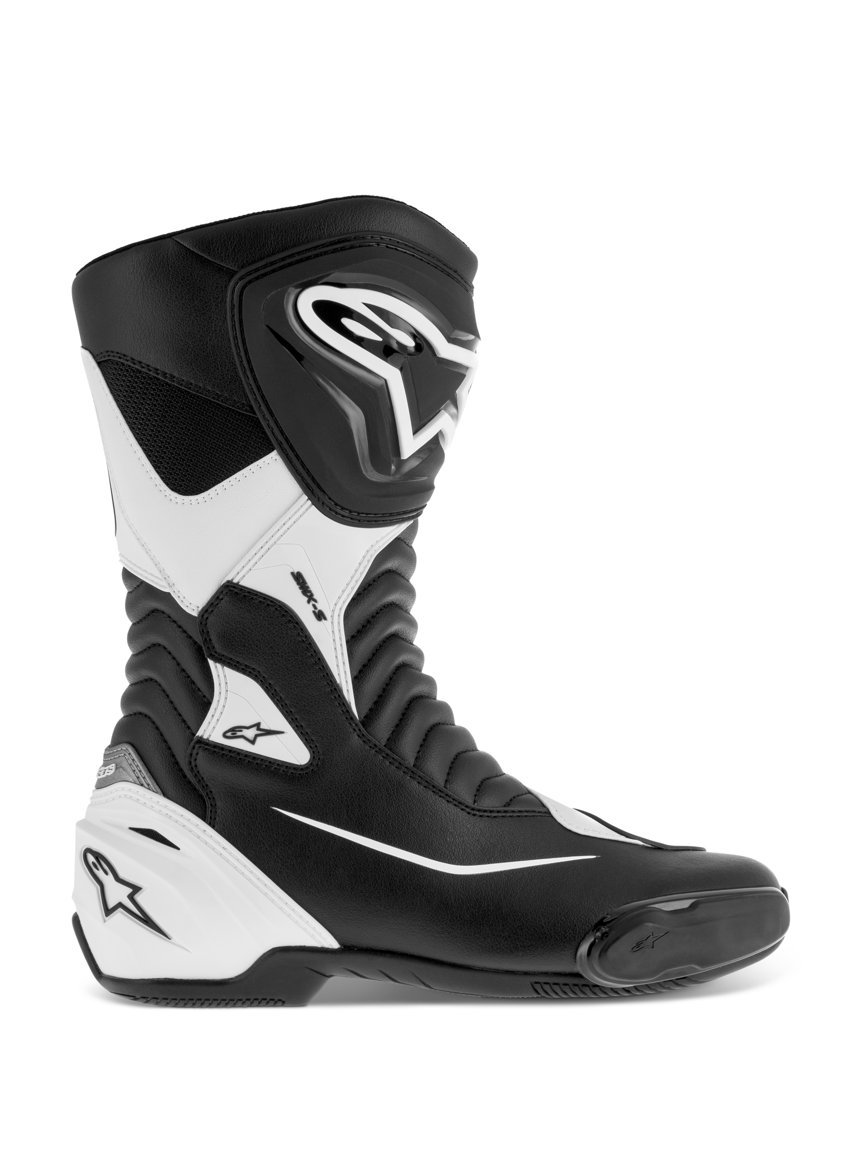 Alpinestars SMX S laarzen, racing motorlaarzen, zwart en wit, voorzien van een duurzaam microvezel bovenwerk met beschermende PU scheenbeen- en hielkappen, accordeon flexzones en geïntegreerde teenslider, CE-gecertificeerd voor sportief rijden op de weg