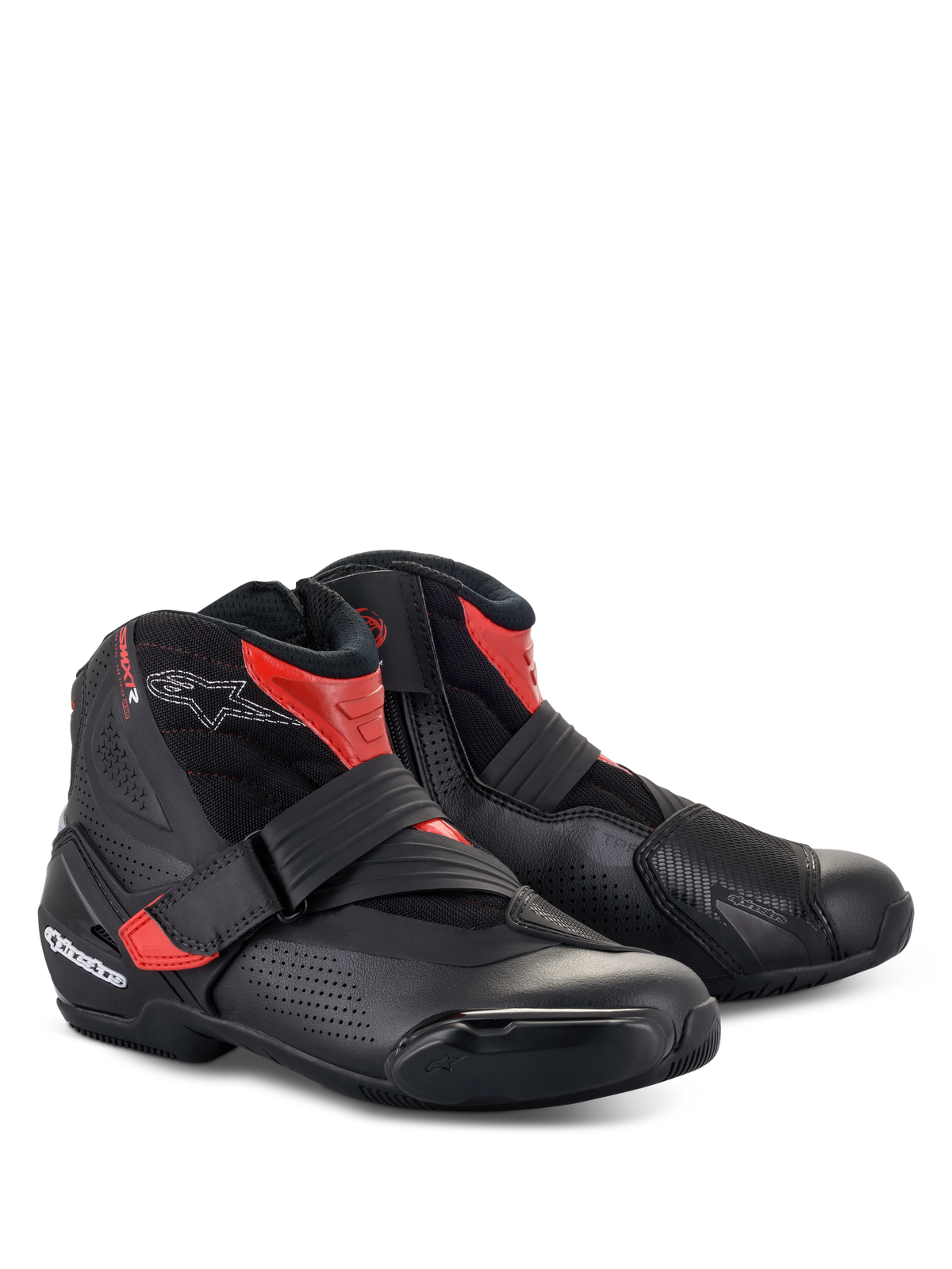 Alpinestars SMX-1 R V2 Vented motorlaarzen, laag uitgesneden motorrijschoenen, zwart en rood, voorzien van geperforeerd microvezel voor luchtstroom, TPU-bescherming en bandsluiting voor sportief rijden op de weg