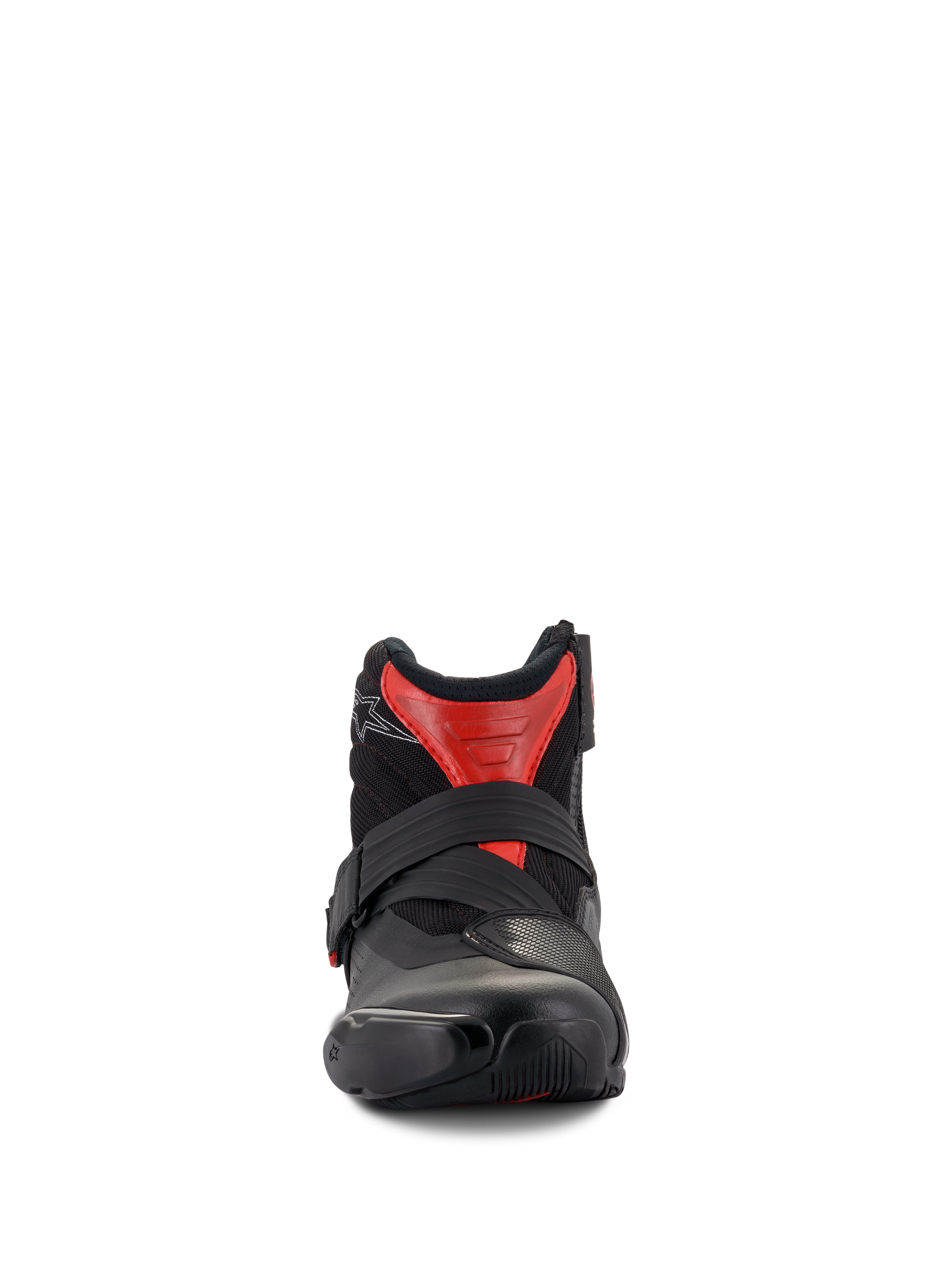 Alpinestars SMX-1 R V2 Vented motorlaarzen, laag uitgesneden motorrijlaarzen, zwart en rood, vooraanzicht met de veilige riemsluiting en geventileerd microvezel bovenwerk, hoogwaardige weguitrusting