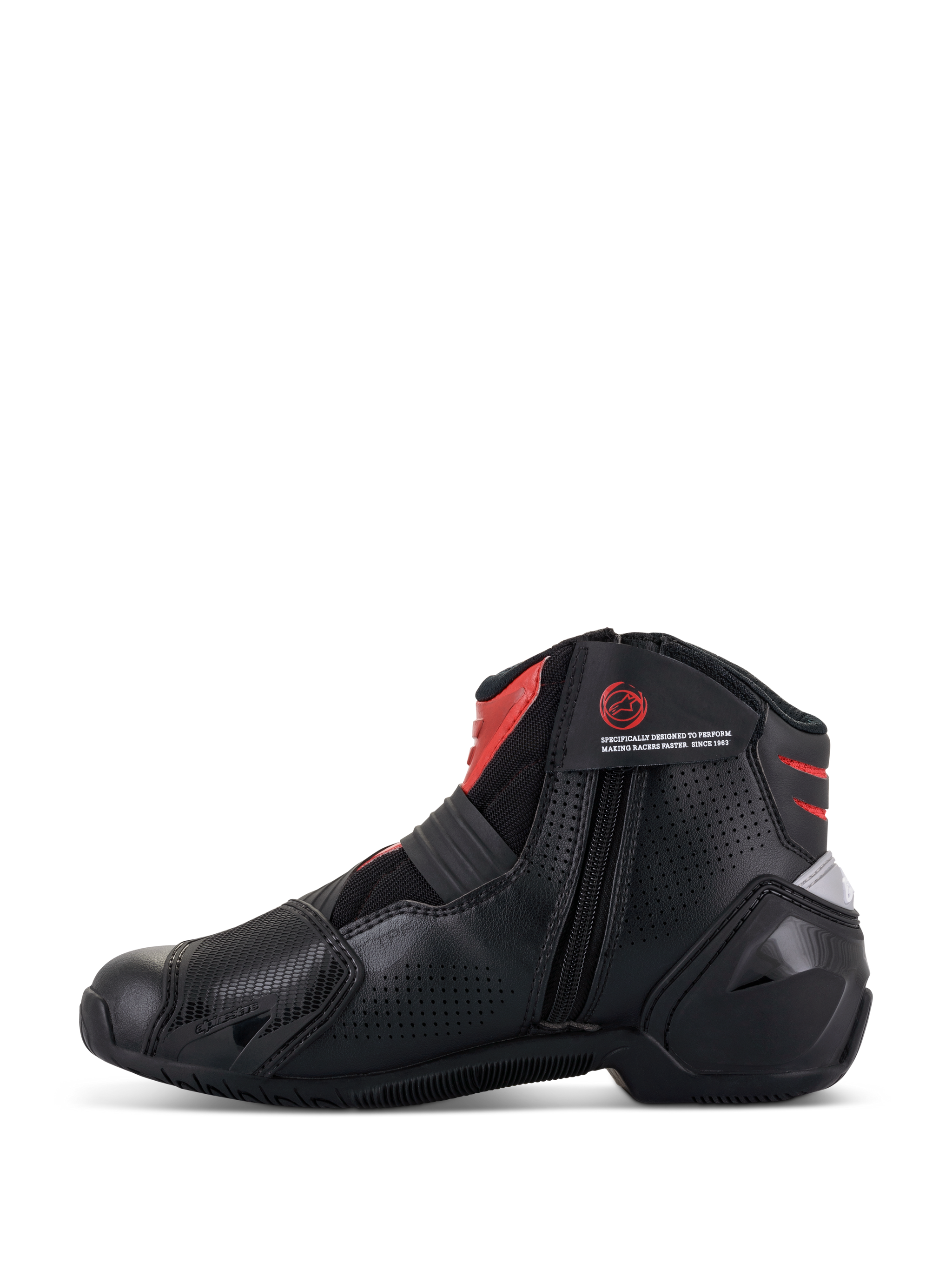 Alpinestars SMX-1 R V2 Vented laarzen, zwart en rood, lage motorschoen, zijprofiel met ritssluiting aan de binnenzijde, geperforeerd microfiber bovenwerk voor ventilatie, rode accenten op de enkel en tong, performance schoeisel voor op de weg