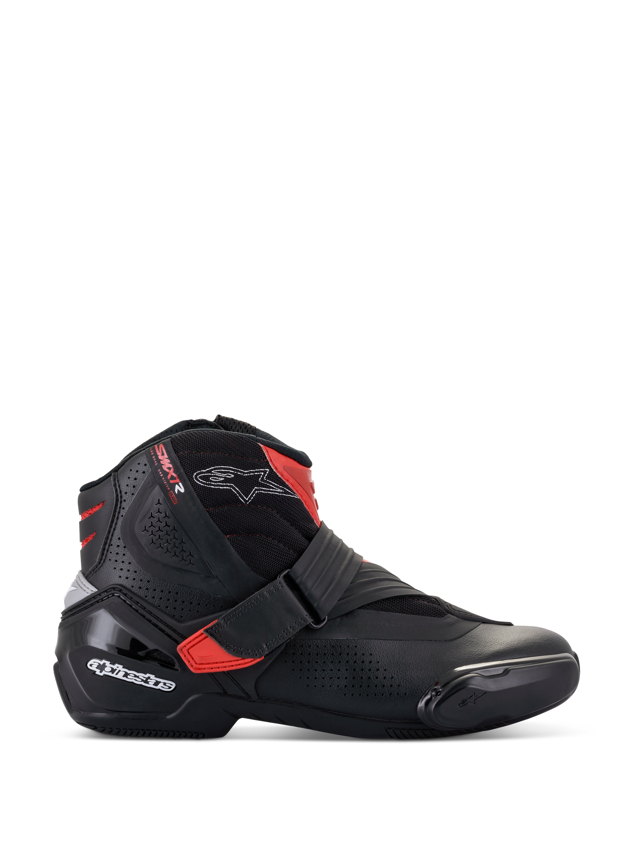 Alpinestars SMX-1 R V2 Vented motorlaarzen, laag uitgesneden motorschoen, zwart met rode accenten en witte logo's, geperforeerd microvezel bovenwerk voor luchtstroom, TPU-hielkap en zijbescherming, sportief ontwerp voor wegprestaties
