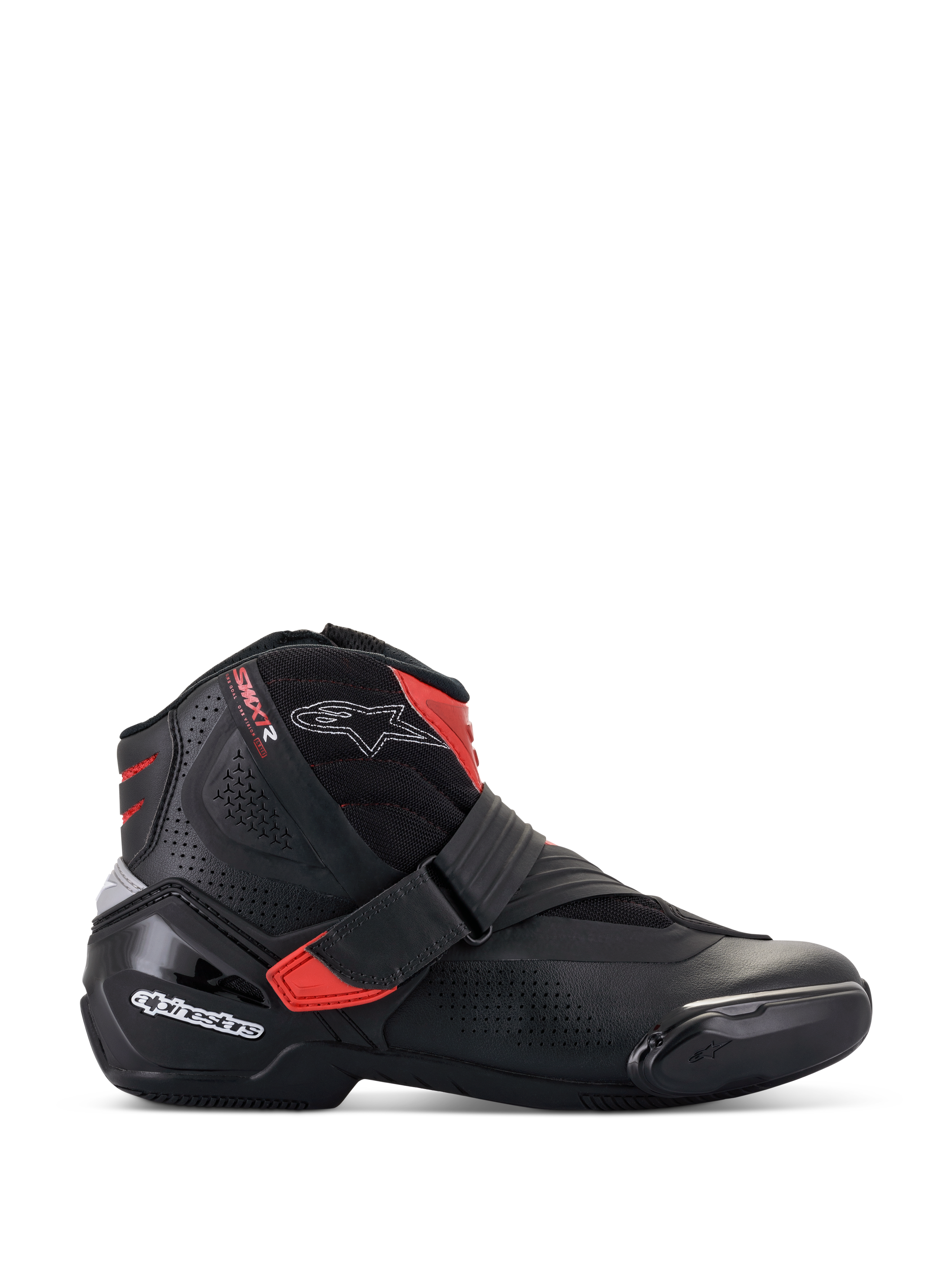 Alpinestars SMX-1 R V2 Vented motorlaarzen, laag uitgesneden motorschoen, zwart met rode accenten en witte logo's, geperforeerd microvezel bovenwerk voor luchtstroom, TPU-hielkap en zijbescherming, sportief ontwerp voor wegprestaties