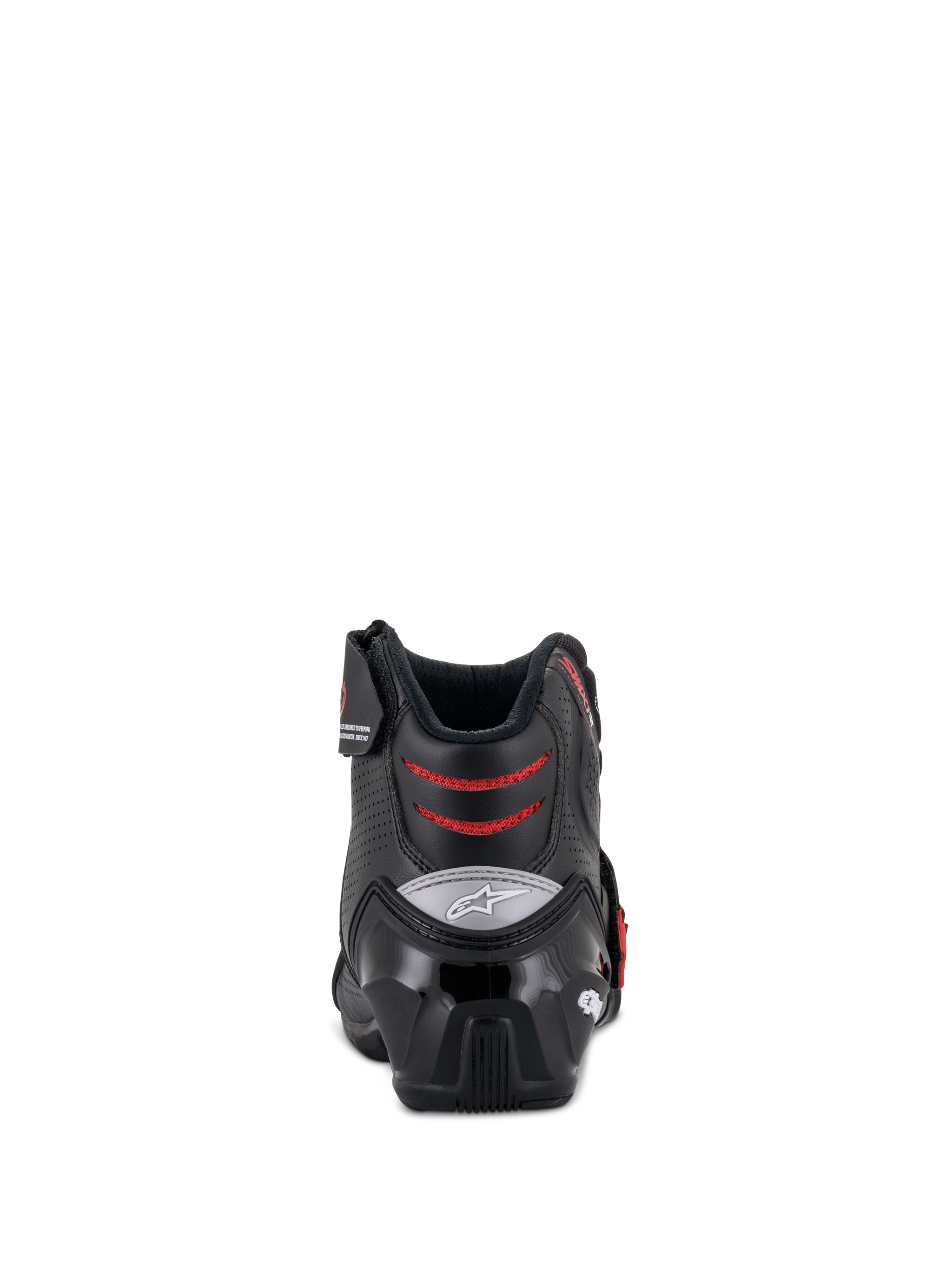 Alpinestars SMX-1 R V2 Vented Boots, laag uitgesneden motorrijlaarzen, zwart en rood, achteraanzicht met de TPU-hielkap en rode mesh flex-zones, performance schoeisel voor weg- en sportgebruik