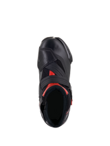 Alpinestars SMX-1 R V2 Vented laarzen, zwart en rood, bovenaanzicht met voetopening en bovenwerkconstructie, geperforeerd microvezel, rode accenten en een brede klittenbandsluiting op de wreef