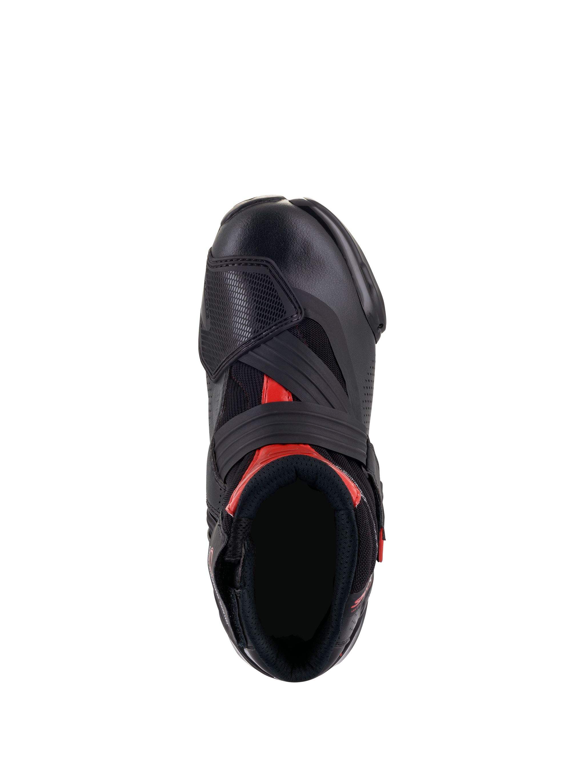 Alpinestars SMX-1 R V2 Vented laarzen, zwart en rood, bovenaanzicht met voetopening en bovenwerkconstructie, geperforeerd microvezel, rode accenten en een brede klittenbandsluiting op de wreef