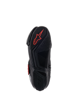 Alpinestars SMX-1 R V2 Vented Boots, motorrijschoen, zwart en rood, onderaanzicht van de rubberen zool met getextureerde grippatronen en een rood Astars-logo