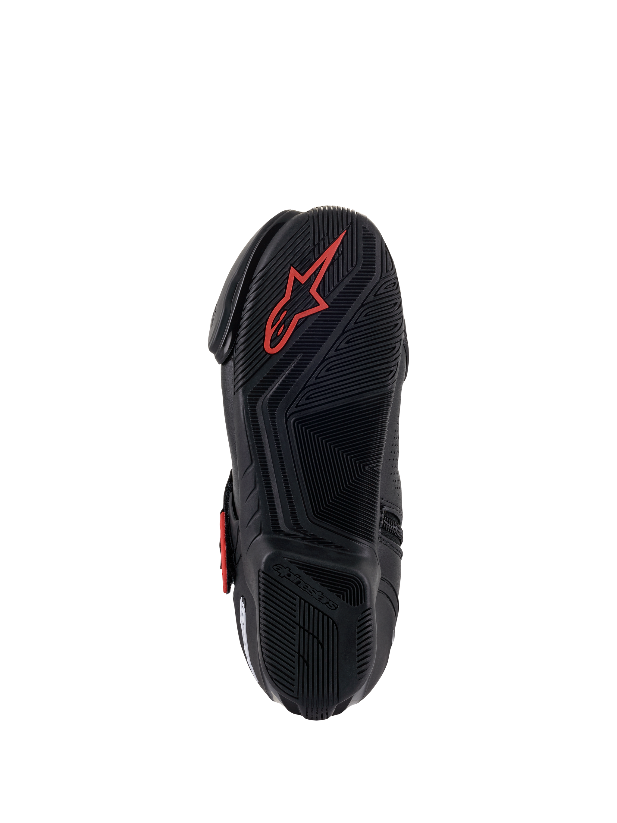 Alpinestars SMX-1 R V2 Vented Boots, motorrijschoen, zwart en rood, onderaanzicht van de rubberen zool met getextureerde grippatronen en een rood Astars-logo