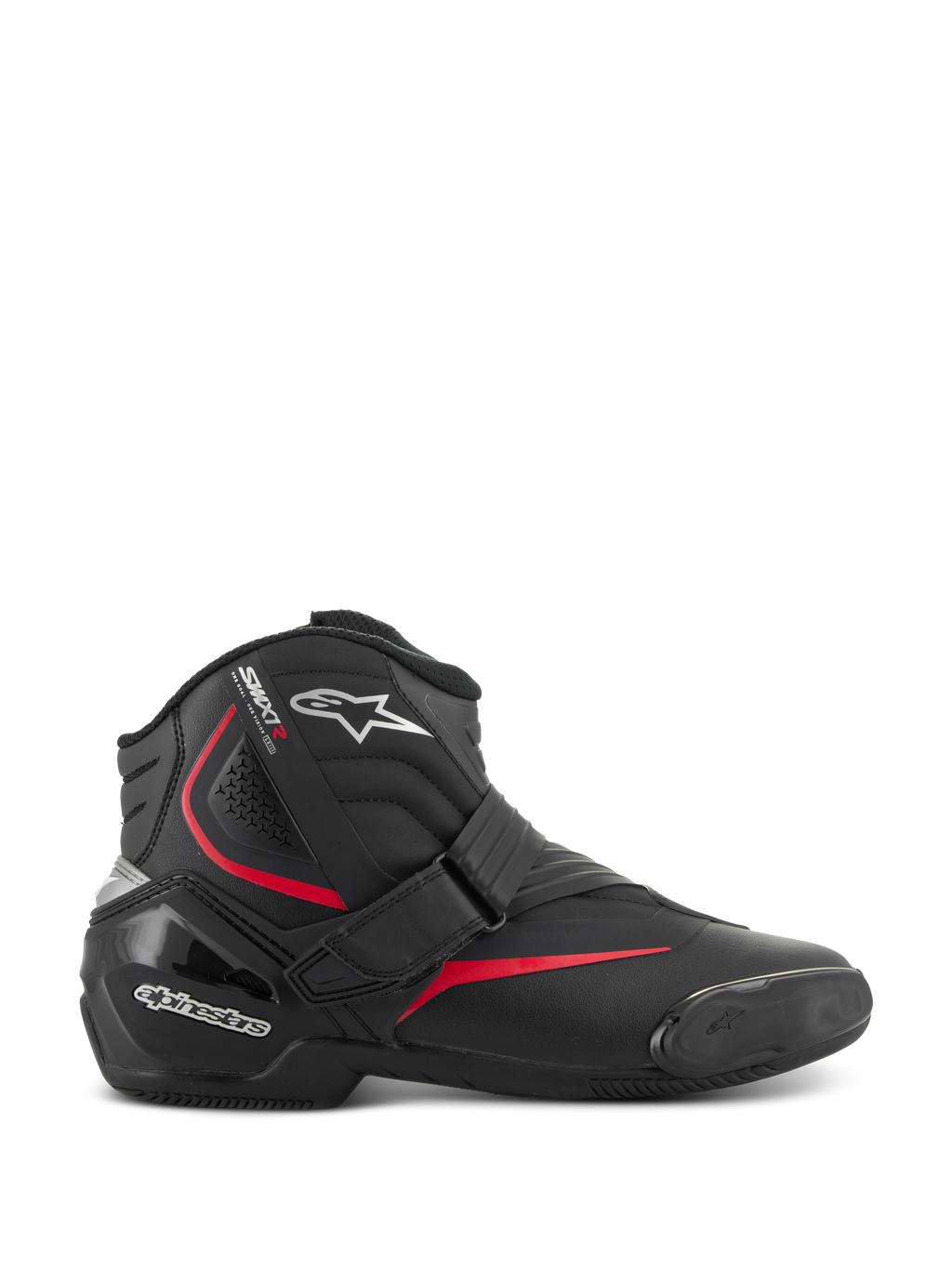 Alpinestars SMX-1 R V2 Boots, low-cut motorcycle performance riding boots, black with red and white accents, featuring a secure Velcro strap closure, reinforced TPU heel counter and ankle protection, accordion flex zones, and a textured rubber sole for sport road riding.