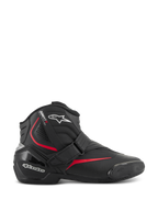 Alpinestars SMX-1 R V2 Boots, low-cut motorcycle performance riding boots, black with red and white accents, featuring a secure Velcro strap closure, reinforced TPU heel counter and ankle protection, accordion flex zones, and a textured rubber sole for sport road riding.