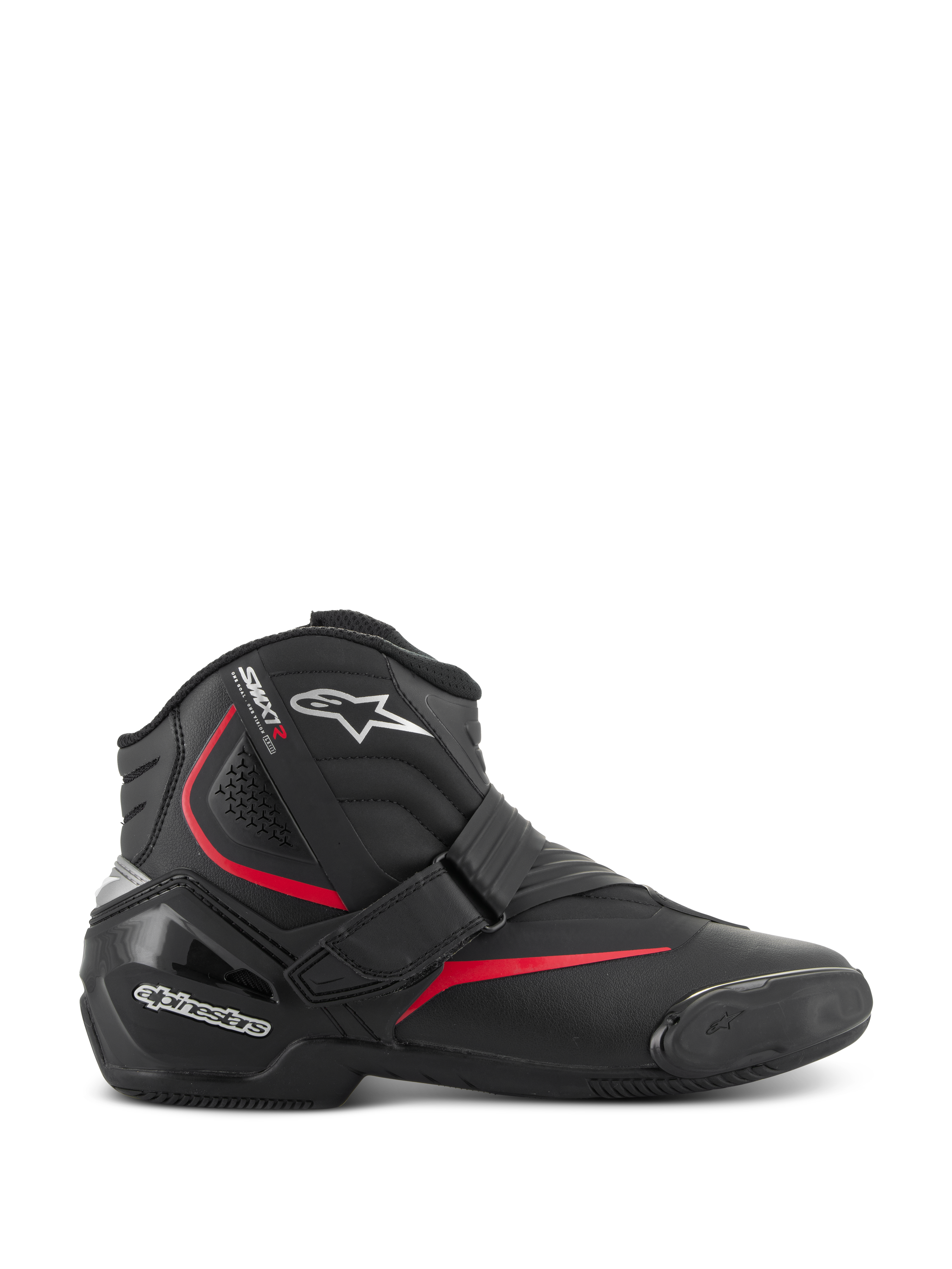 Alpinestars SMX-1 R V2 motorlaarzen, laag uitgesneden sportieve motorrijlaarzen, zwart met rode en witte accenten, voorzien van een veilige klittenbandsluiting, versterkte TPU-hielkap en enkelbescherming, accordeon-flexzones en een rubberen zool met textuur voor sportief rijden op de weg