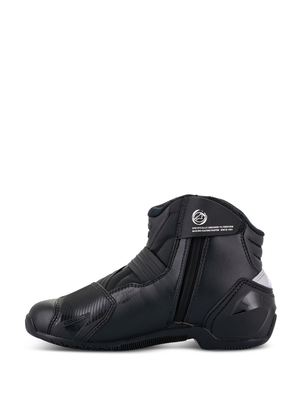 Alpinestars Stella SMX-1 R V2 dameslaarzen, zwart, laag uitgesneden performance motorlaars, zijaanzicht met ritssluiting, enkelband met logo en microvezelconstructie met TPU-hielkap