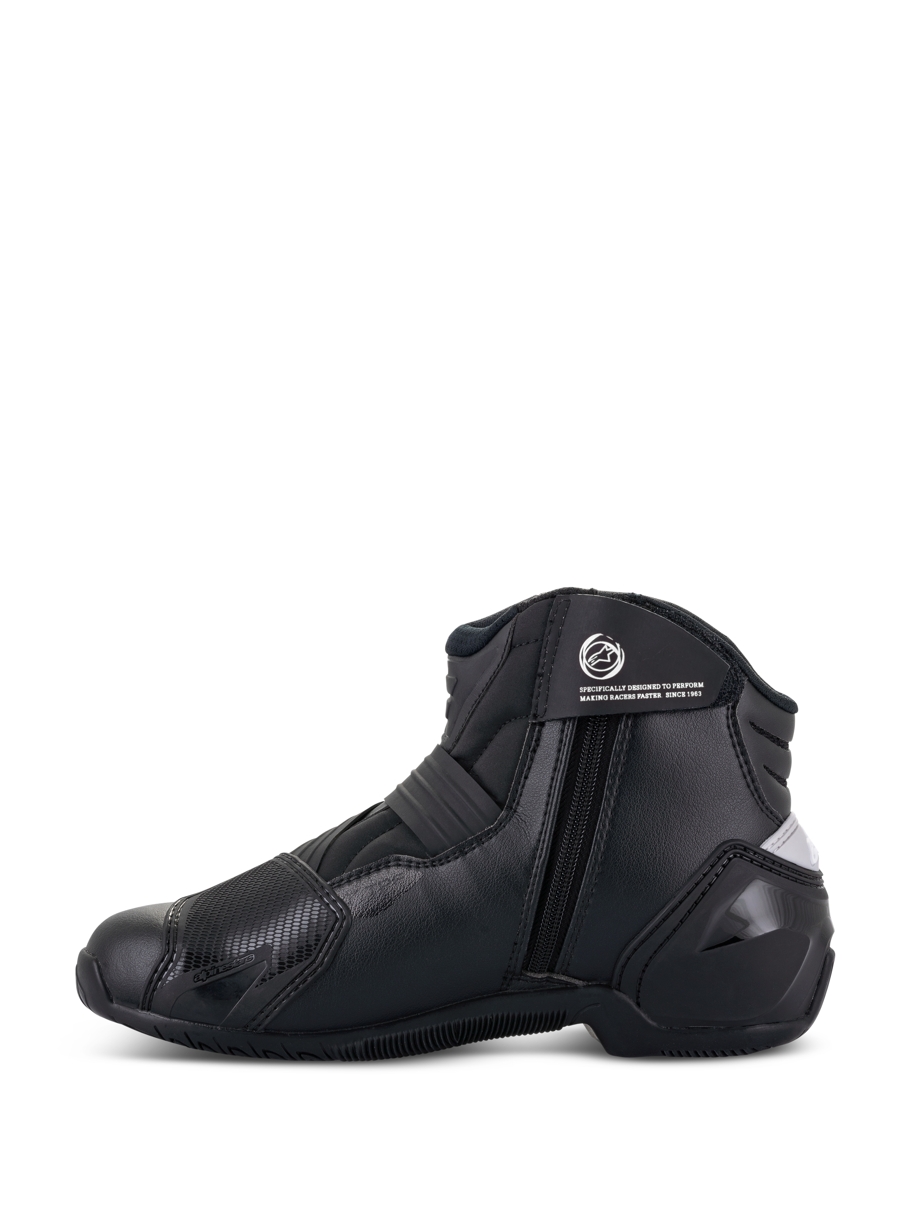 Alpinestars Stella SMX-1 R V2 dameslaarzen, zwart, laag uitgesneden performance motorlaars, zijaanzicht met ritssluiting, enkelband met logo en microvezelconstructie met TPU-hielkap