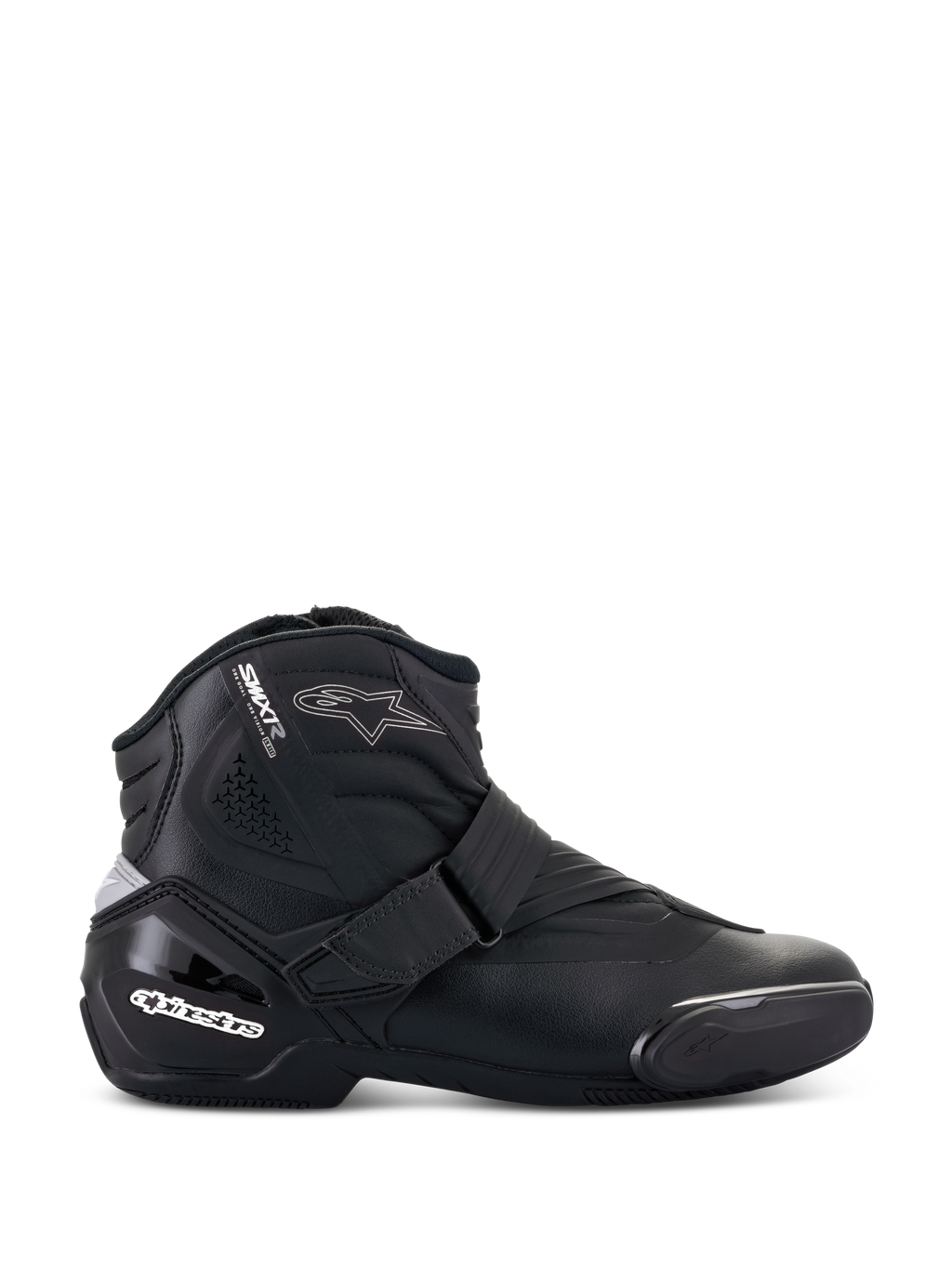 Alpinestars Stella SMX-1 R V2 laarzen, laag model motorrijlaars voor dames, zwart, zijaanzicht met microvezelconstructie, verstelbare bandsluiting, versterkte TPU-hielkap met wit logo, ster-logo accent en duurzame rubberen zool.