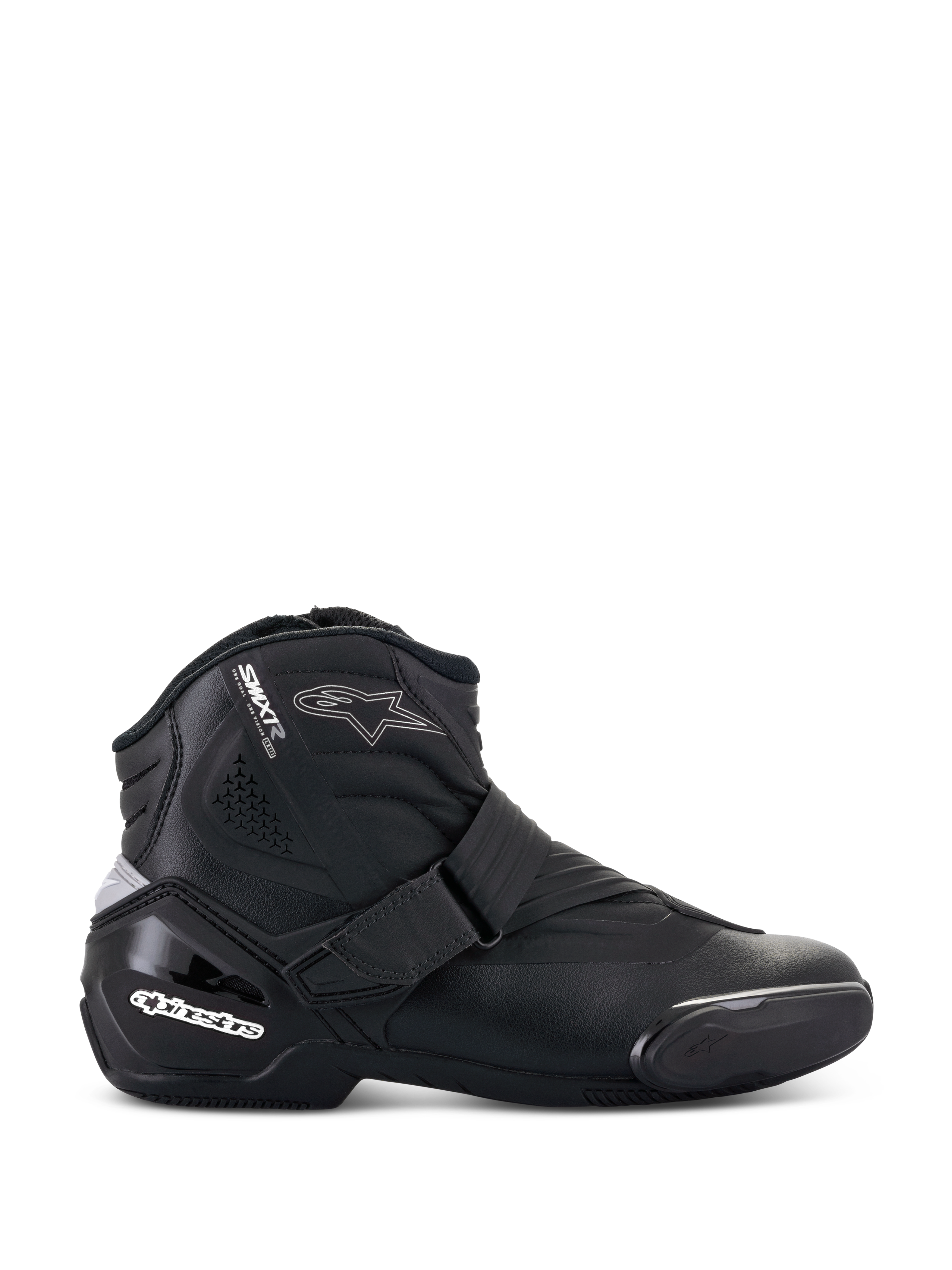 Alpinestars Stella SMX-1 R V2 laarzen, laag model motorrijlaars voor dames, zwart, zijaanzicht met microvezelconstructie, verstelbare bandsluiting, versterkte TPU-hielkap met wit logo, ster-logo accent en duurzame rubberen zool.