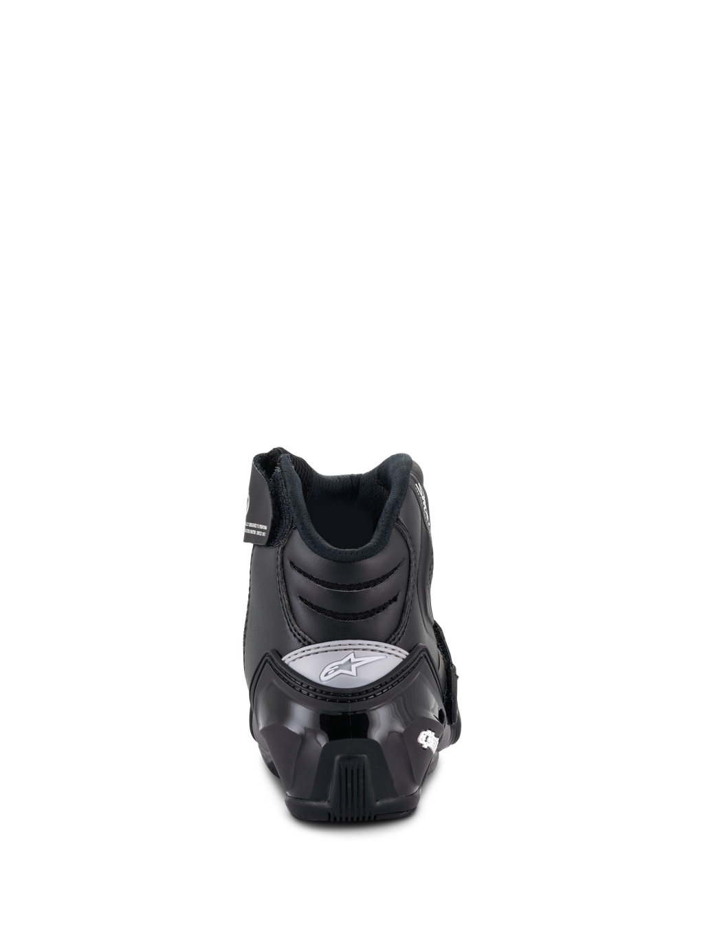 Alpinestars Stella SMX-1 R V2 dames motorlaarzen, lage motorlaarzen, zwart, achteraanzicht met versterkte TPU-hielkap en grijs Alpinestars-logo, hoogwaardige rijschoenen