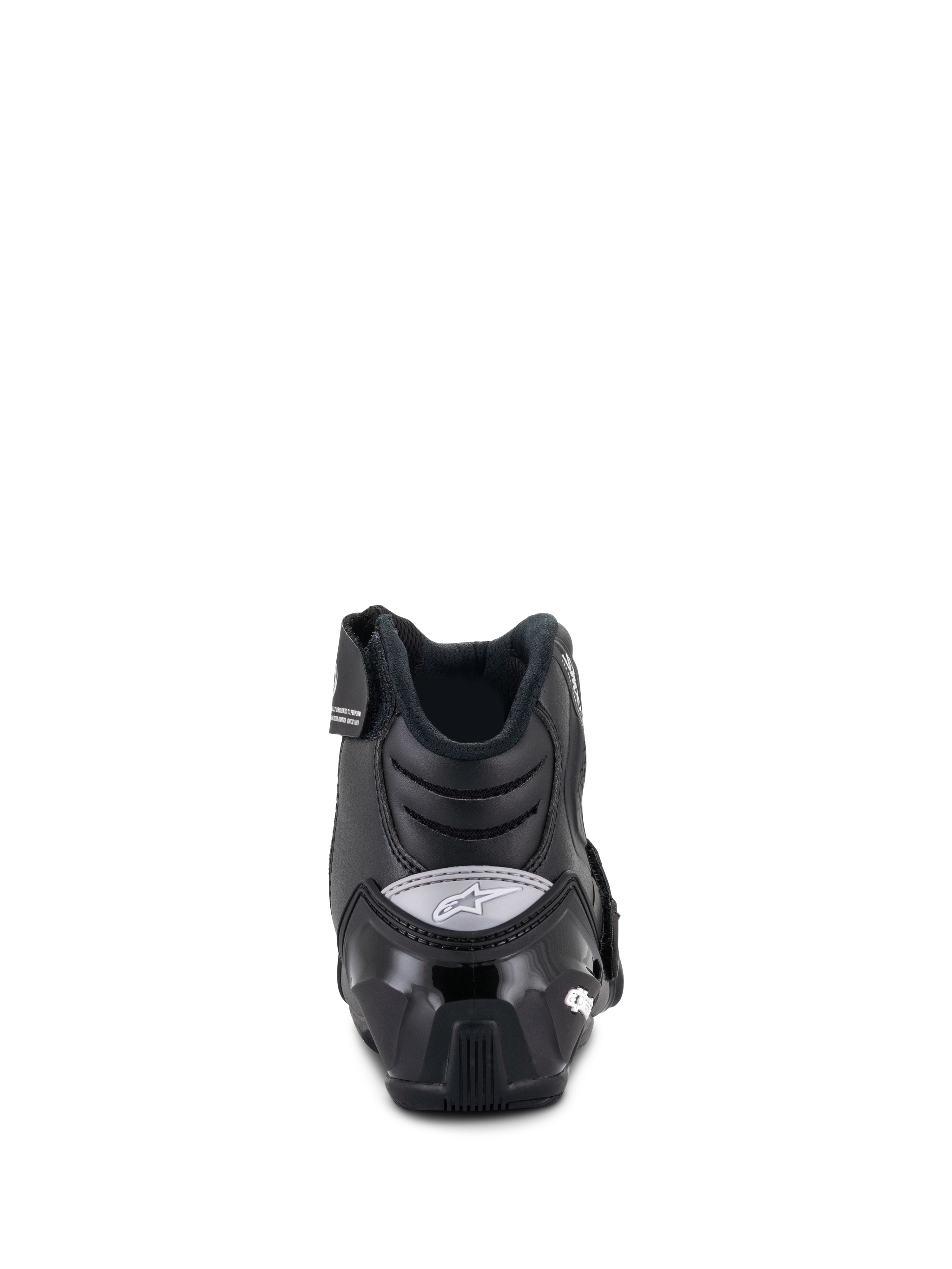 Alpinestars Stella SMX-1 R V2 dames motorlaarzen, lage motorlaarzen, zwart, achteraanzicht met versterkte TPU-hielkap en grijs Alpinestars-logo, hoogwaardige rijschoenen