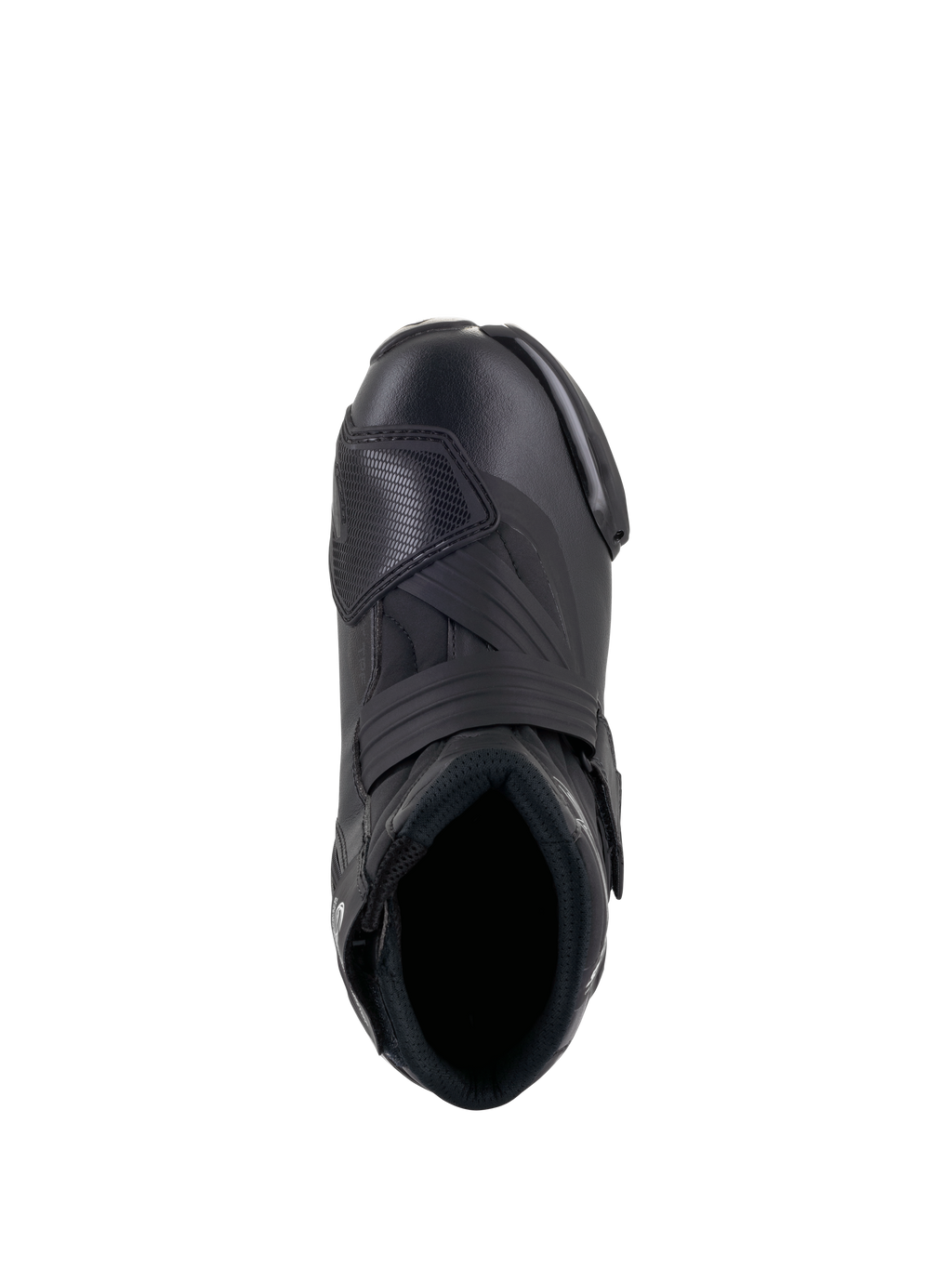 Alpinestars Stella SMX-1 R V2 dameslaarzen, laag uitgesneden performance motorrijschoen in het zwart, bovenaanzicht met de voetopening, wreefband en getextureerde TPU-schakelpad, strakke microvezelconstructie
