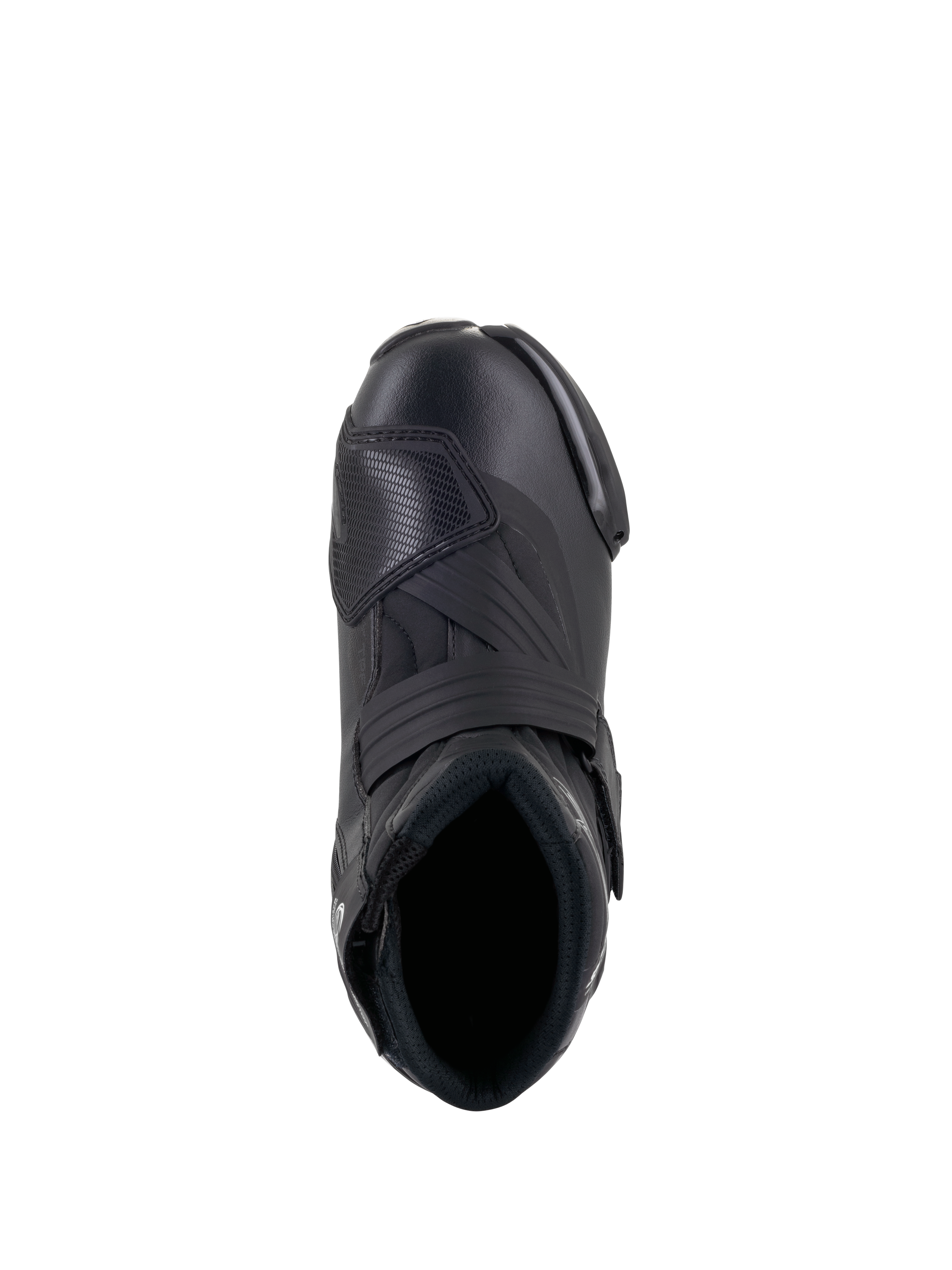 Alpinestars Stella SMX-1 R V2 dameslaarzen, laag uitgesneden performance motorrijschoen in het zwart, bovenaanzicht met de voetopening, wreefband en getextureerde TPU-schakelpad, strakke microvezelconstructie