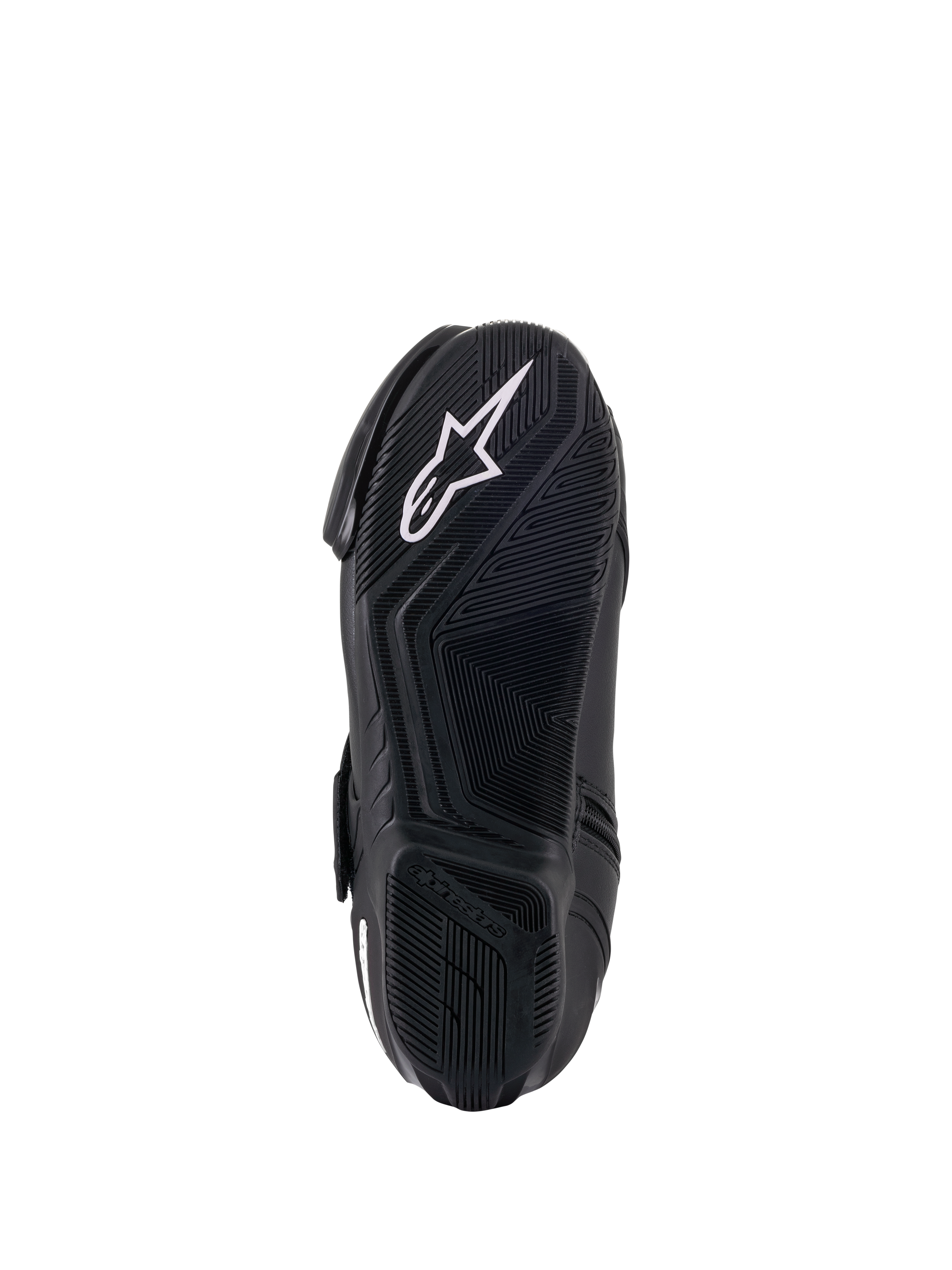 Alpinestars Stella SMX-1 R V2 dameslaarzen, zwart, onderaanzicht van de rubberen zool met grippatroon en wit Alpinestars sterlogo, technische motorlaarzen