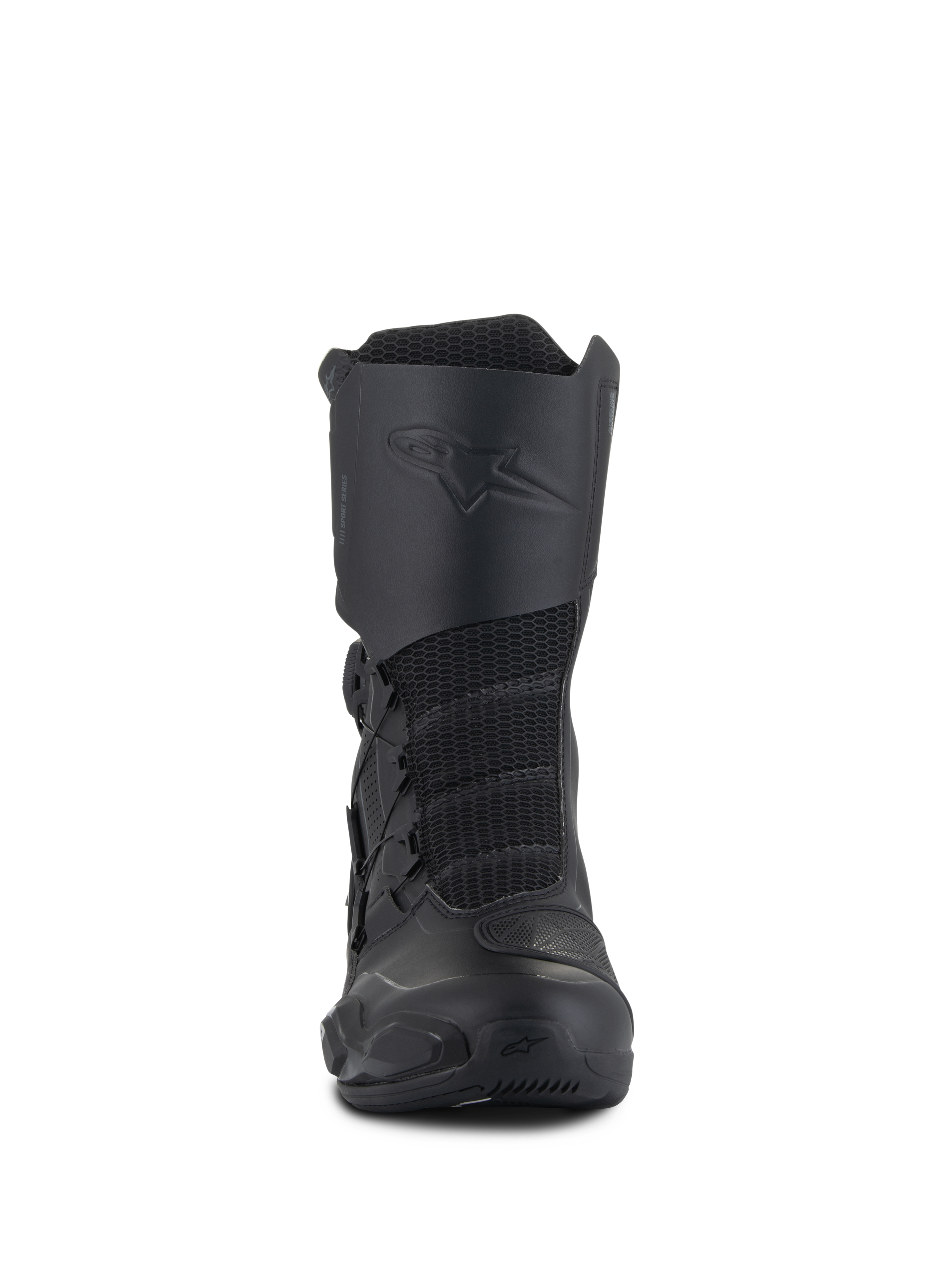 Alpinestars SP-X BOA® Drystar® Boots, Mid-length Sport Touring Motorcycle Boots, Black, featuring mesh front panels, an embossed logo on the shin plate, and the BOA Speed Lace closure system for a secure fit.