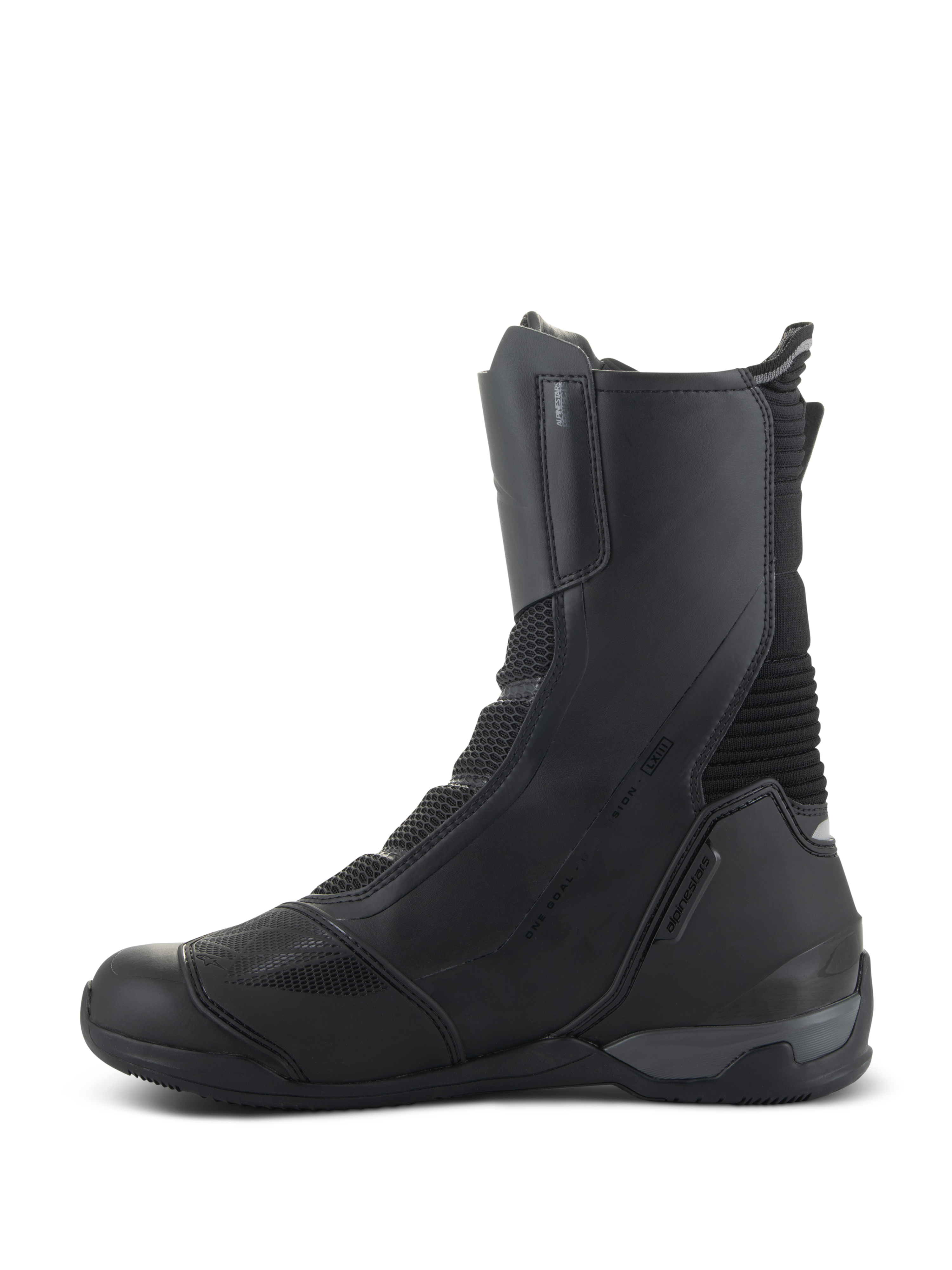 Alpinestars SP-X BOA Drystar Boots, Mid-Length Sport Touring Motorcycle Boots, Black, medial side view showing microfiber and mesh construction, reinforced heel counter, and sleek protective design for road riding