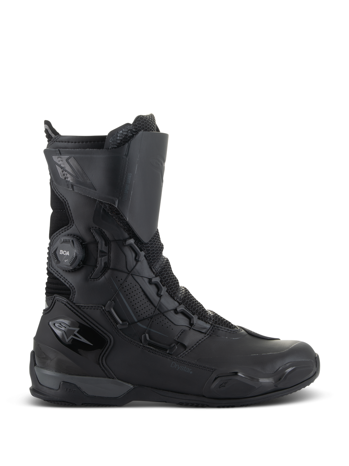 Alpinestars SP-X BOA Drystar Boots, Motorcycle Touring Boots, Black and Dark Gray, side profile showing BOA Speed Lace System and Drystar branding, mid-length waterproof design with mesh and TPU reinforcements