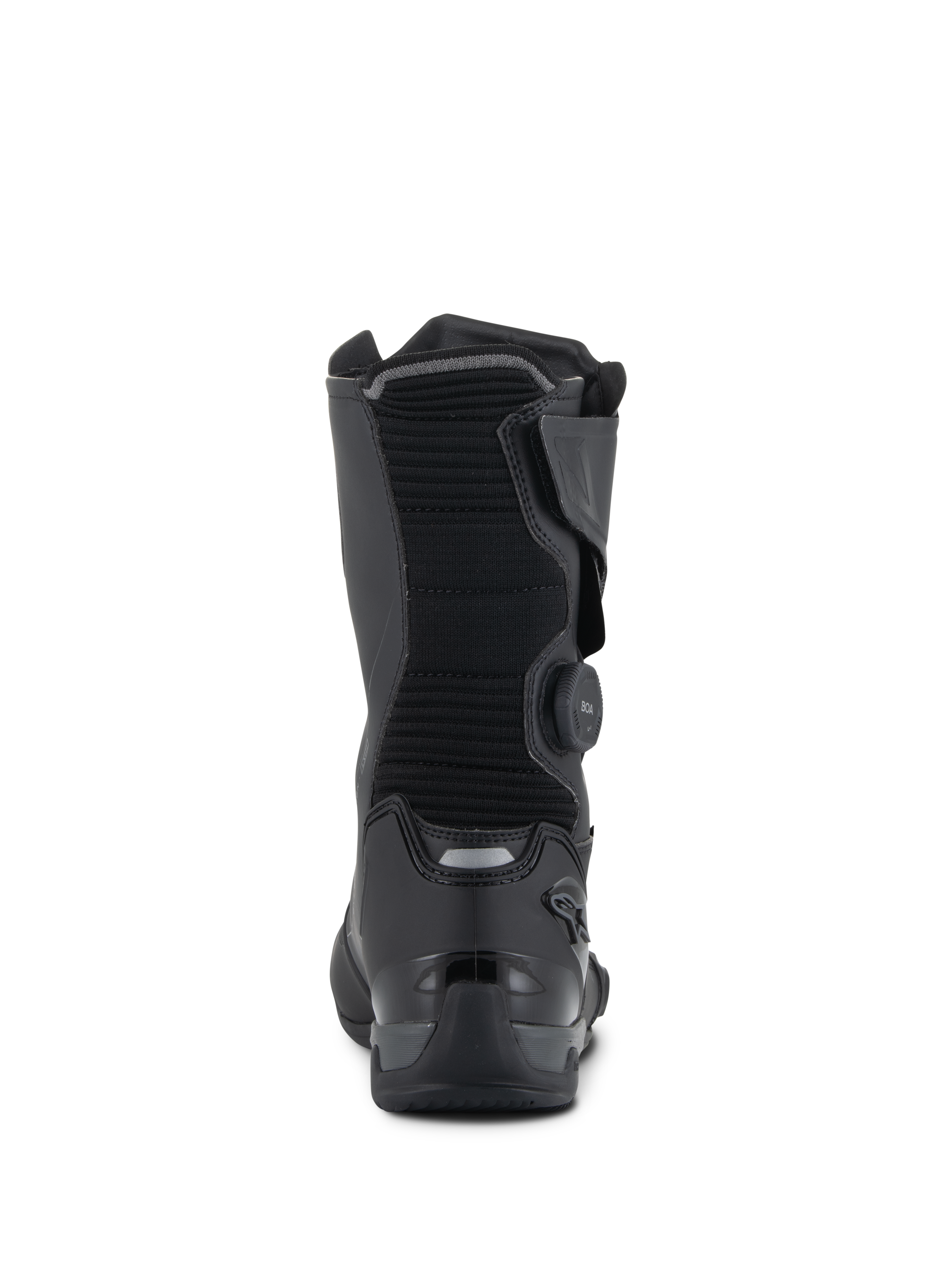 Alpinestars SP-X BOA® Drystar® Boots, Black and Dark Gray, rear view showing the ribbed textile calf, BOA closure dial on the side, and reinforced TPU heel counter with reflective detailing, technical sport-touring footwear