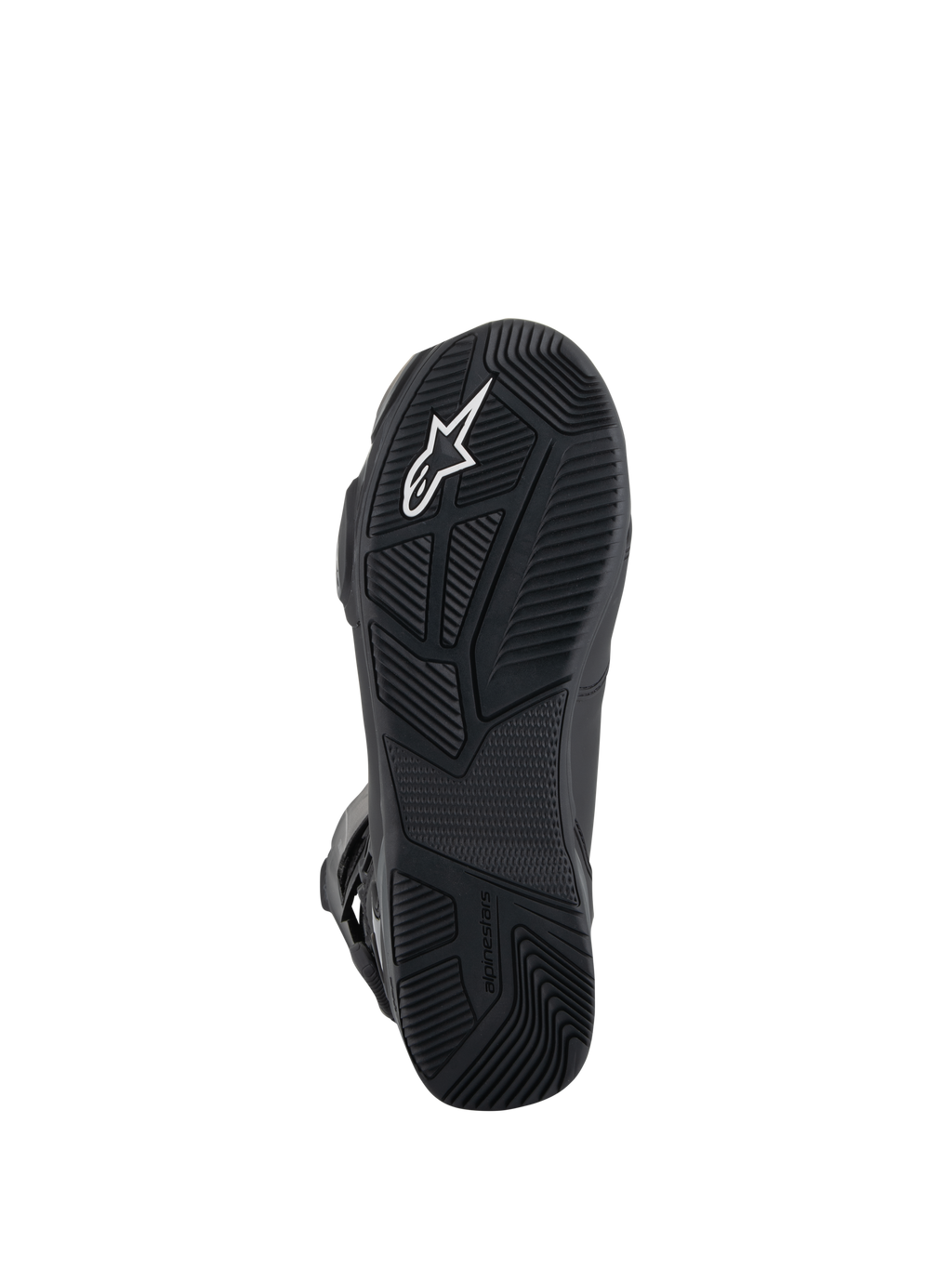 Alpinestars SP-X BOA® Drystar® Boots, Motorcycle Boots, Bottom view of black rubber sole, featuring textured grip patterns, white Astar logo, and embossed branding for traction and stability