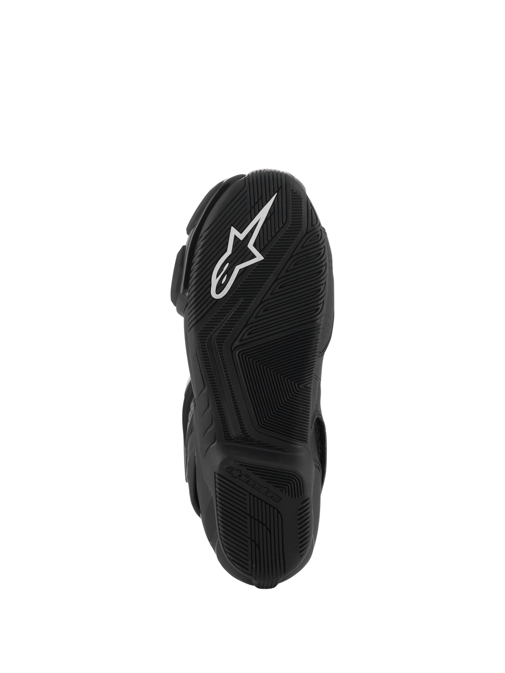 Alpinestars SMX-6 V3 Drystar® Boots, black rubber sole view, featuring a white A-star logo on the front tread and embossed Alpinestars branding on the heel, intricate textured pattern for grip and performance