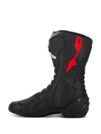 Alpinestars SMX-6 V3 Drystar Boots, performance motorcycle boots, Black and Red, featuring a red TPU upper calf protector, embossed Drystar branding, and sleek microfiber construction, side profile view