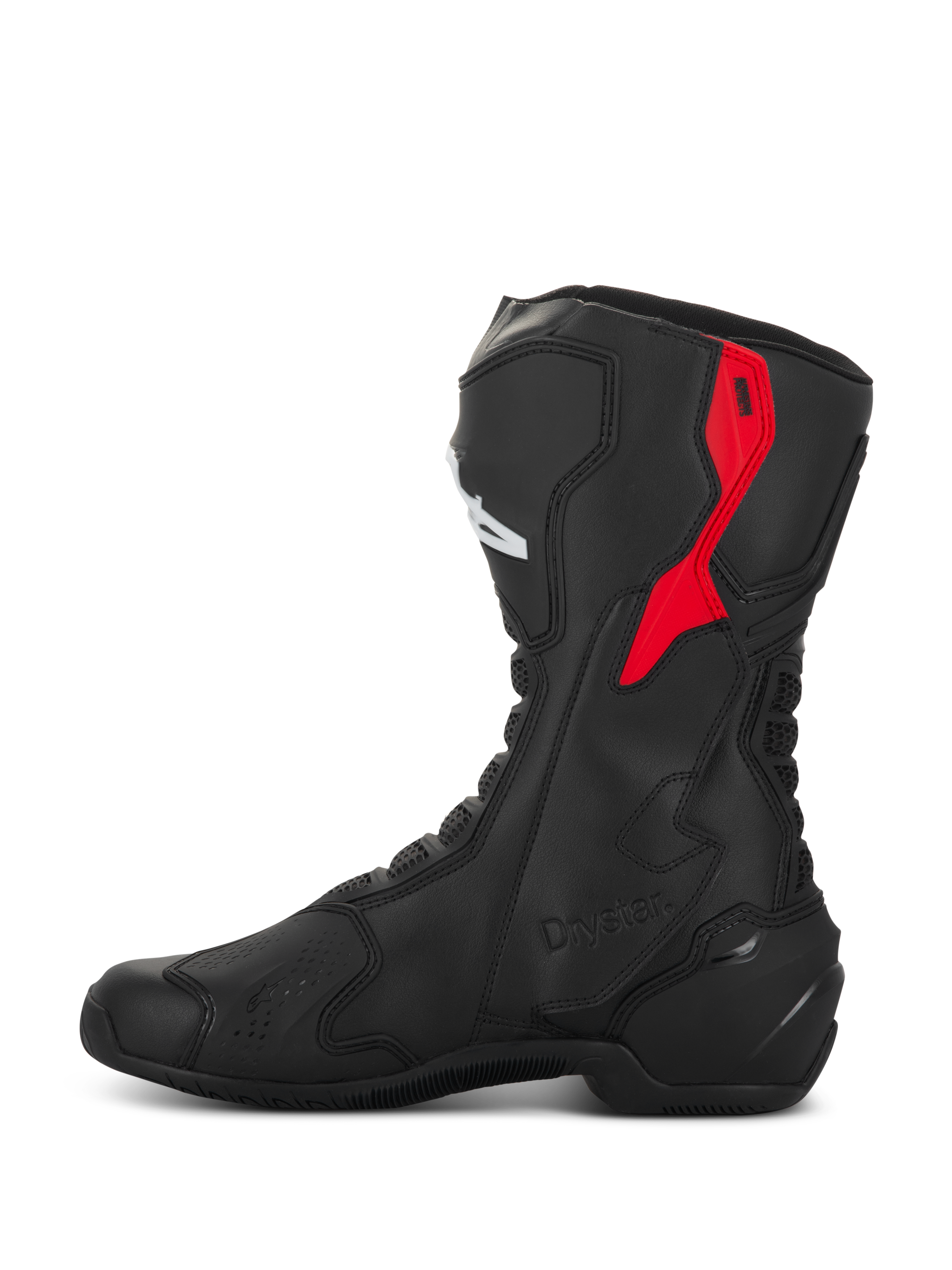 Alpinestars SMX-6 V3 Drystar Boots, performance motorcycle boots, Black and Red, featuring a red TPU upper calf protector, embossed Drystar branding, and sleek microfiber construction, side profile view