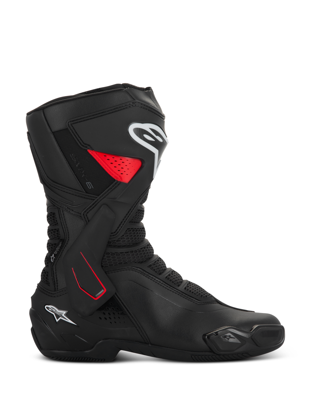 Alpinestars SMX-6 V3 Drystar Boots, motorcycle sport riding boots, black with red and white accents, side profile view, waterproof microfiber construction, TPU lateral ankle brace with red detailing, white logos on the shin and heel, integrated toe slider and mesh flex zones