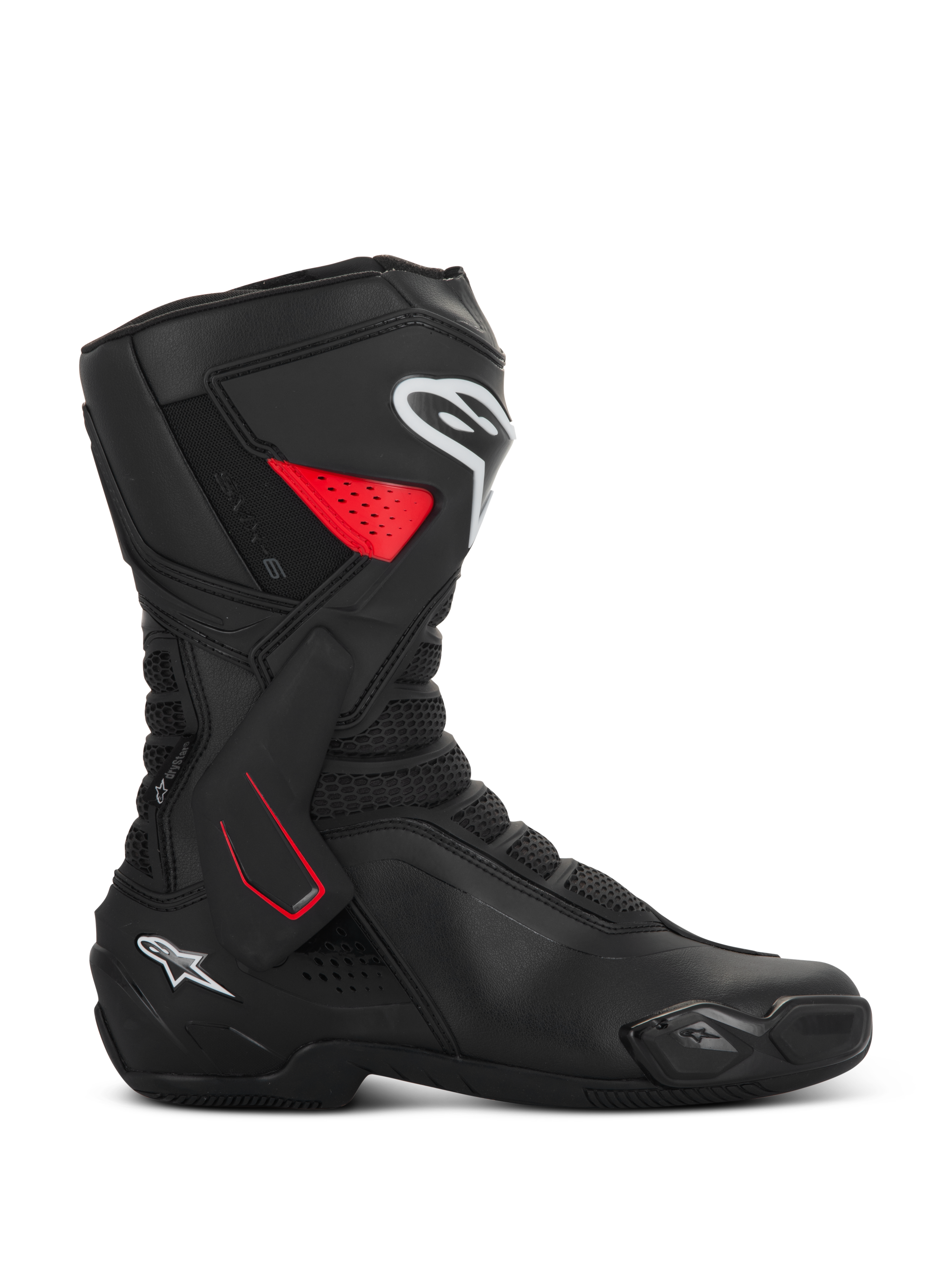 Alpinestars SMX-6 V3 Drystar Boots, motorcycle sport riding boots, black with red and white accents, side profile view, waterproof microfiber construction, TPU lateral ankle brace with red detailing, white logos on the shin and heel, integrated toe slider and mesh flex zones
