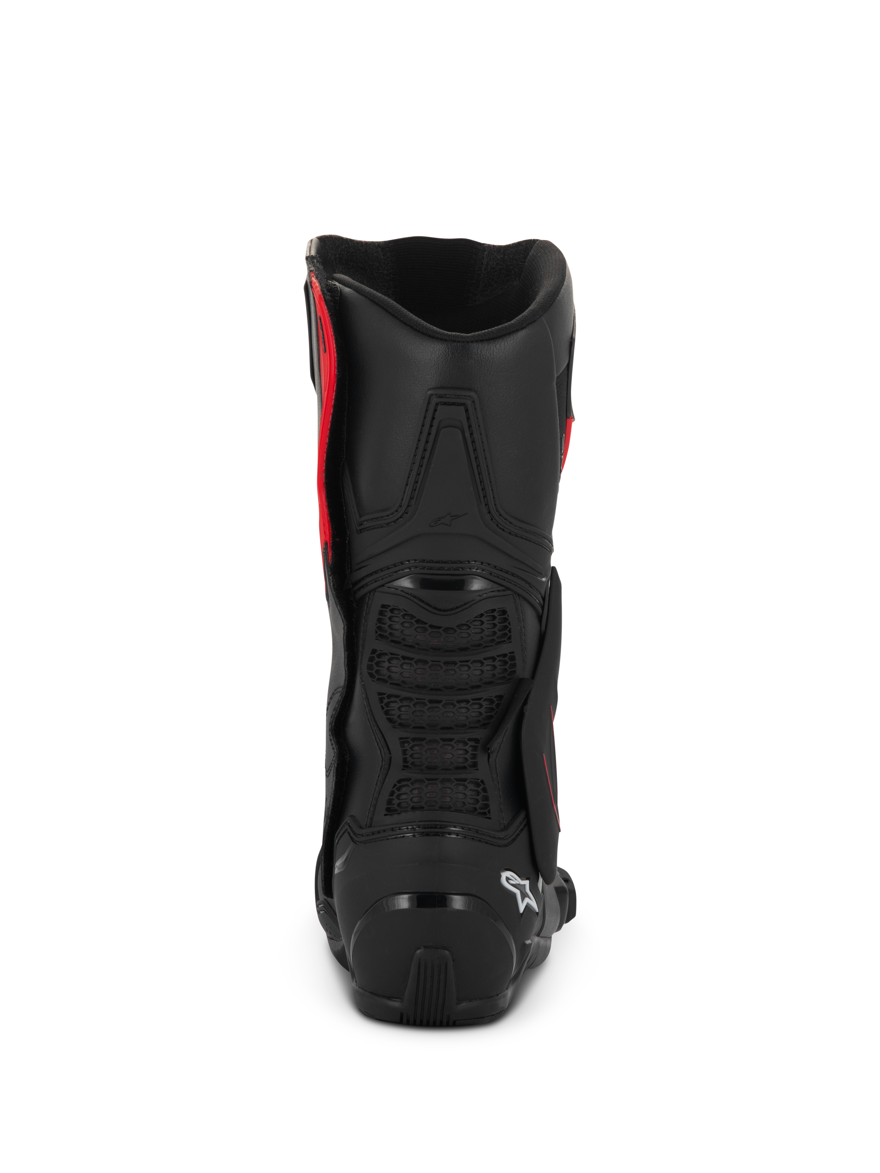 Alpinestars SMX-6 V3 Drystar® Boots, Black and Red, rear view showing TPU heel counter and calf protection, performance motorcycle riding footwear with waterproof microfiber construction