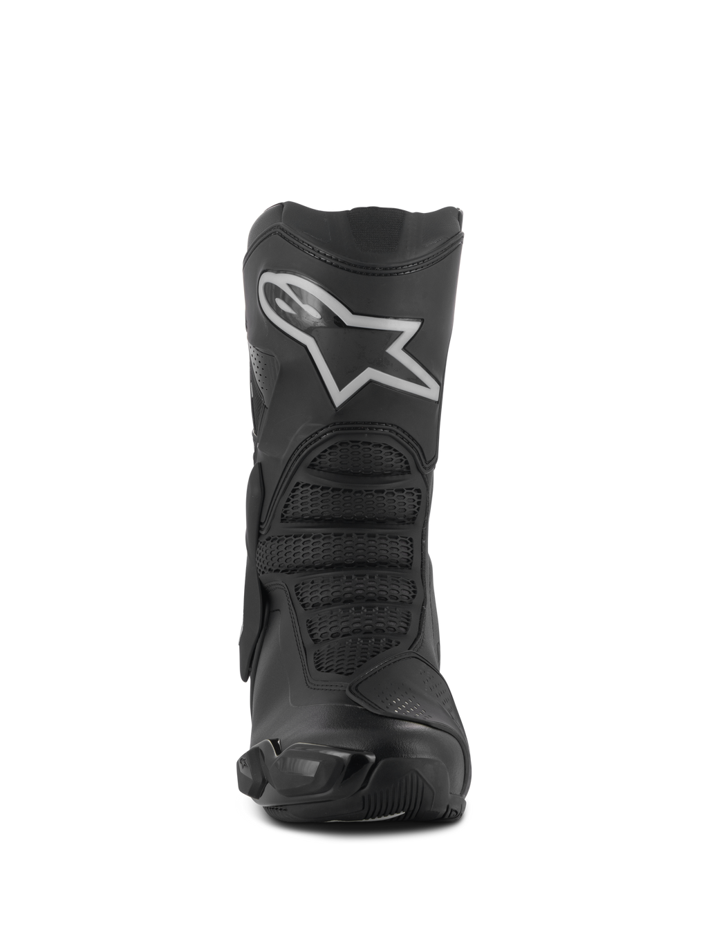 Alpinestars Stella SMX-6 V3 Drystar® laarzen, motorlaarzen voor dames, zwart en zilver, vooraanzicht met een opvallend wit Astar-logo op de scheenplaat, geavanceerde microvezelconstructie met getextureerde beschermingszones