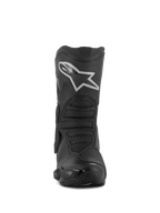 Alpinestars Stella SMX-6 V3 Drystar® laarzen, motorlaarzen voor dames, zwart en zilver, vooraanzicht met een opvallend wit Astar-logo op de scheenplaat, geavanceerde microvezelconstructie met getextureerde beschermingszones