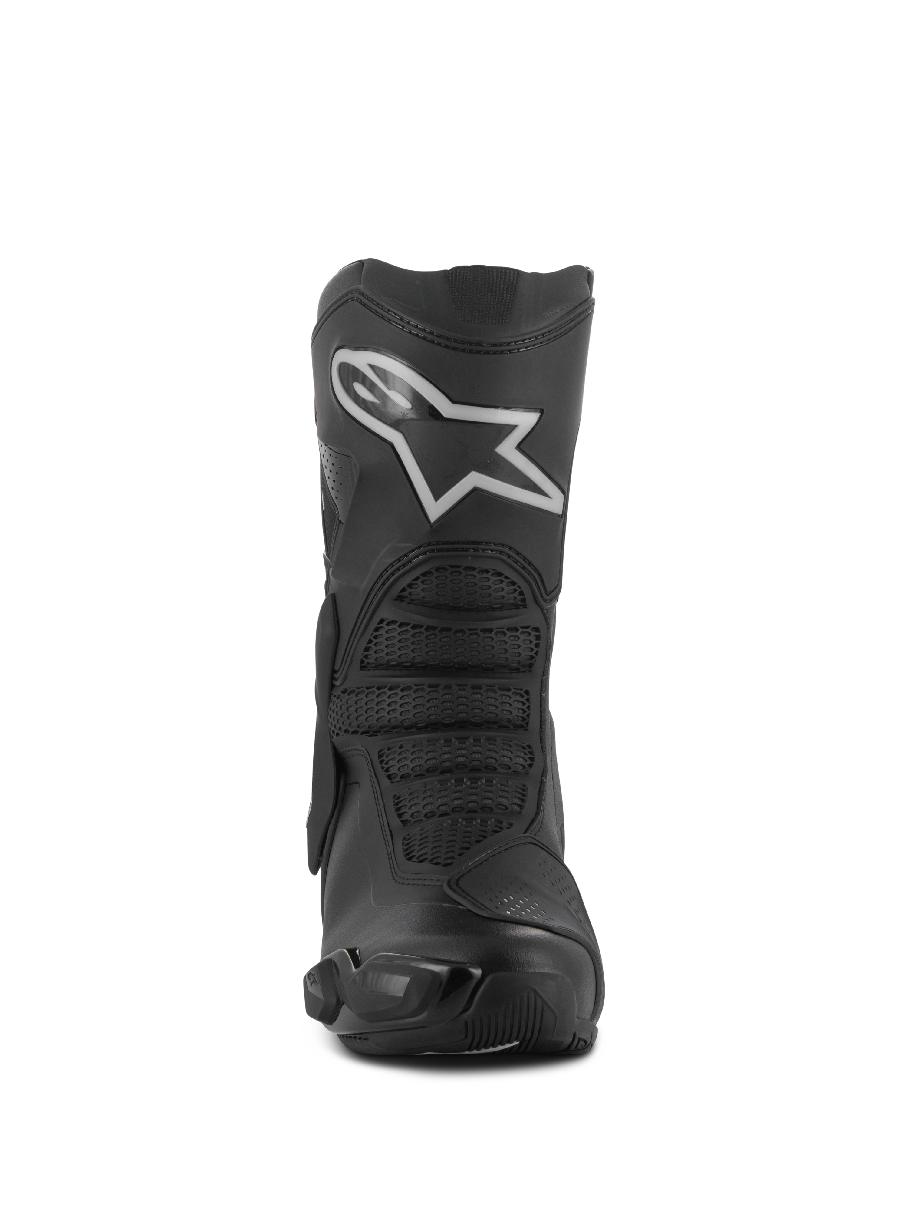 Alpinestars Stella SMX-6 V3 Drystar® laarzen, motorlaarzen voor dames, zwart en zilver, vooraanzicht met een opvallend wit Astar-logo op de scheenplaat, geavanceerde microvezelconstructie met getextureerde beschermingszones