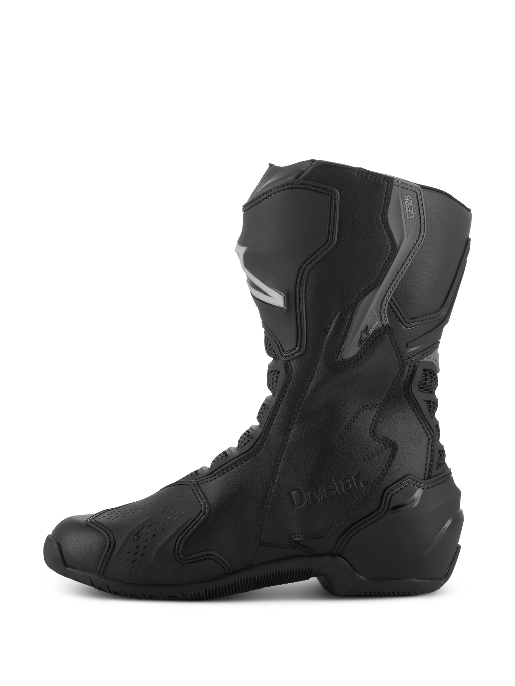 Alpinestars Stella SMX-6 V3 Drystar® laarzen, waterdichte motorlaarzen voor dames, zwart en zilver, zijaanzicht met TPU scheen- en enkelbescherming, Drystar-logo in reliëf, duurzame constructie van microvezel voor sport- en straatgebruik.