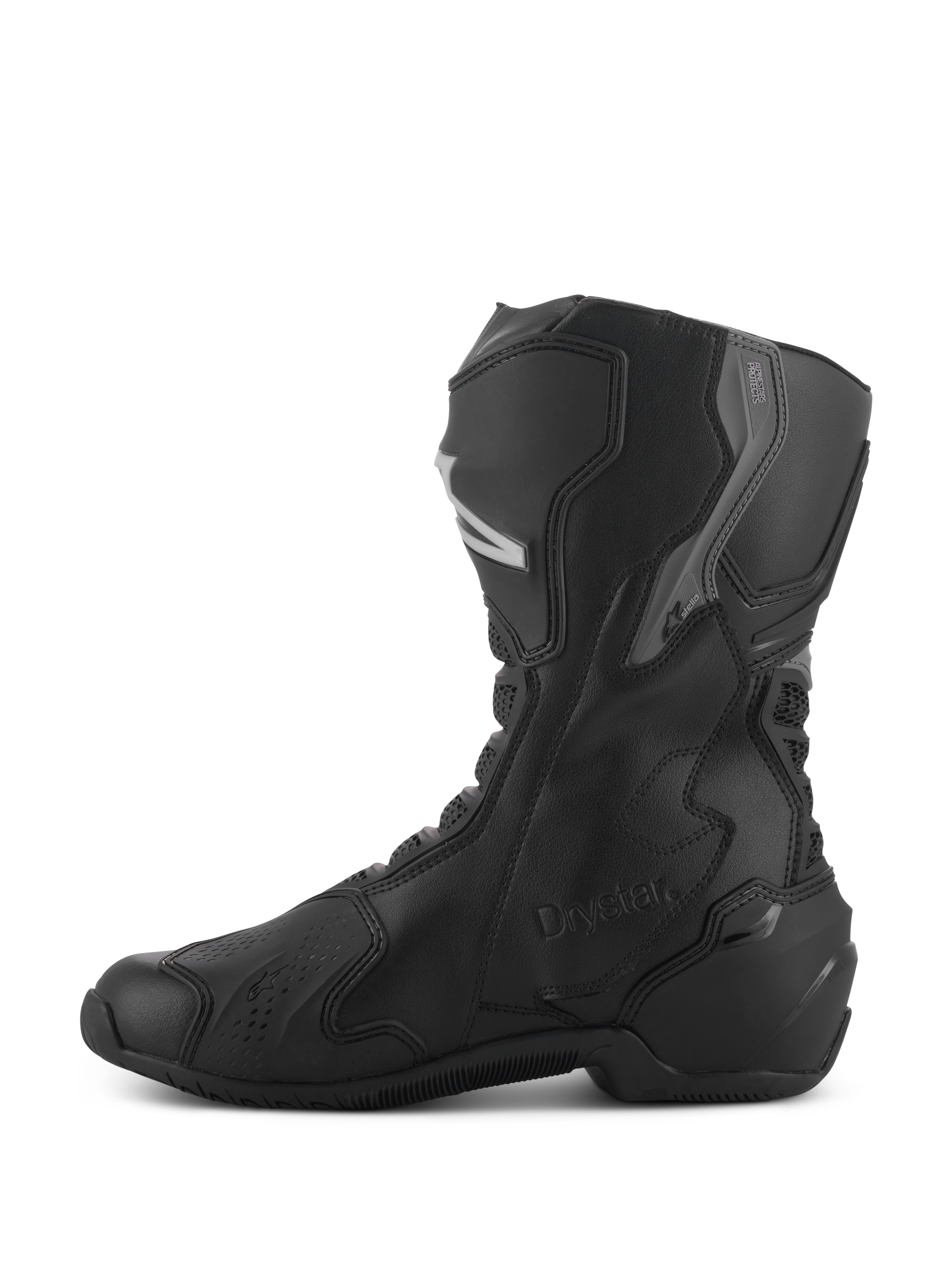 Alpinestars Stella SMX-6 V3 Drystar® laarzen, waterdichte motorlaarzen voor dames, zwart en zilver, zijaanzicht met TPU scheen- en enkelbescherming, Drystar-logo in reliëf, duurzame constructie van microvezel voor sport- en straatgebruik.