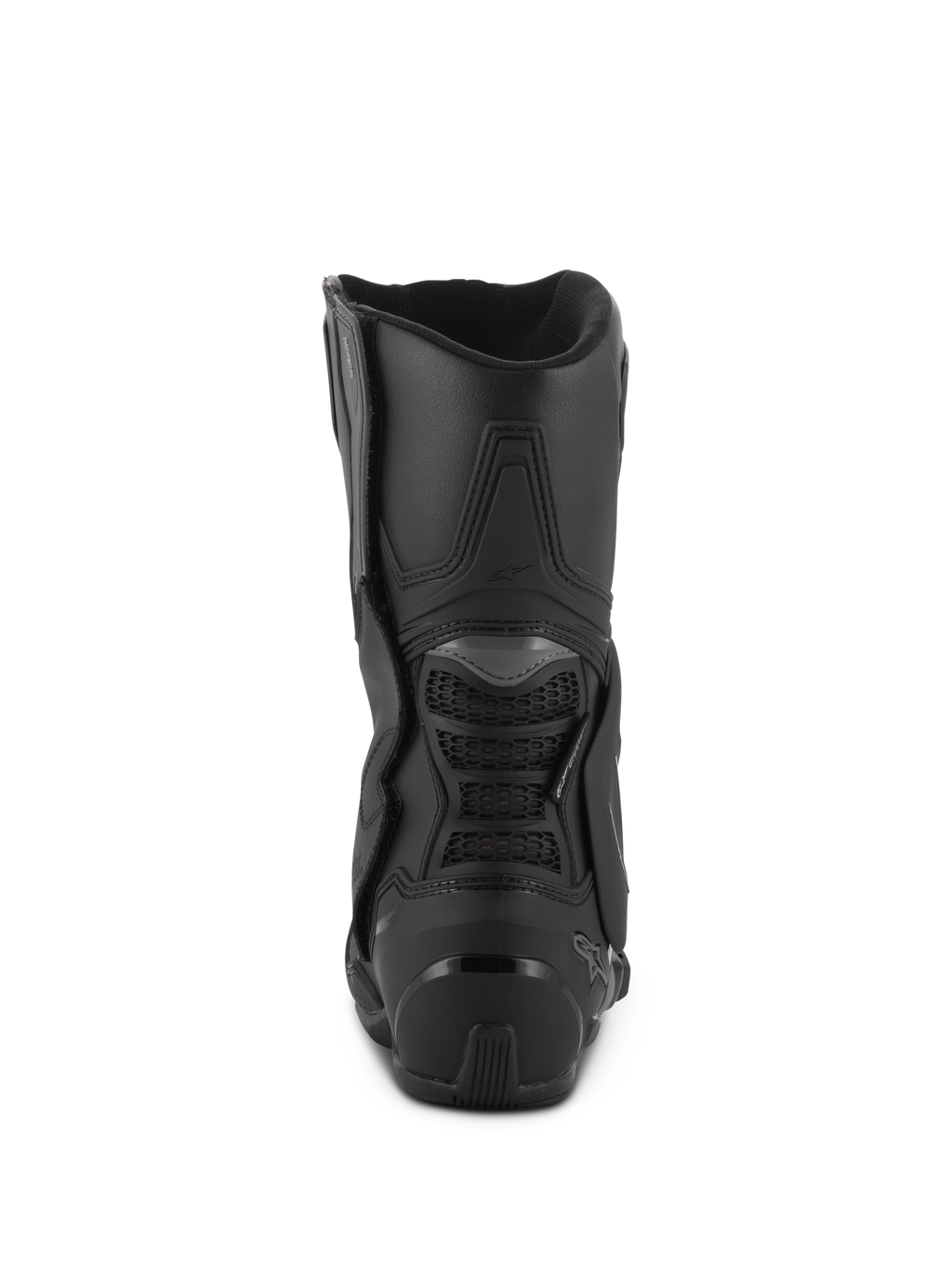 Alpinestars Stella SMX-6 V3 Drystar® laarzen, zwart, achteraanzicht met de TPU-hielkap en kuitbescherming aan de achterzijde, hoogwaardige waterdichte motorlaarzen voor dames