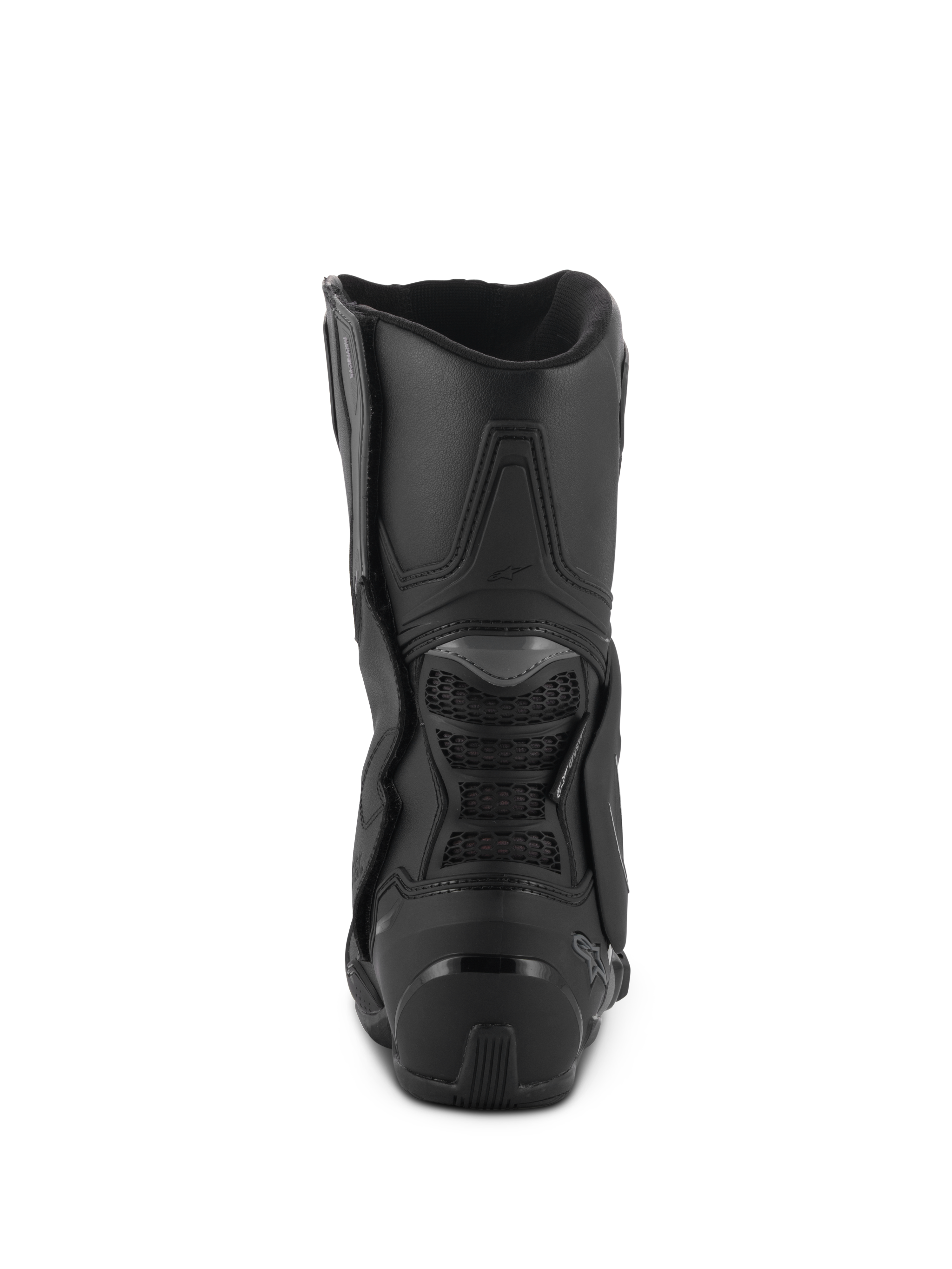 Alpinestars Stella SMX-6 V3 Drystar® laarzen, zwart, achteraanzicht met de TPU-hielkap en kuitbescherming aan de achterzijde, hoogwaardige waterdichte motorlaarzen voor dames