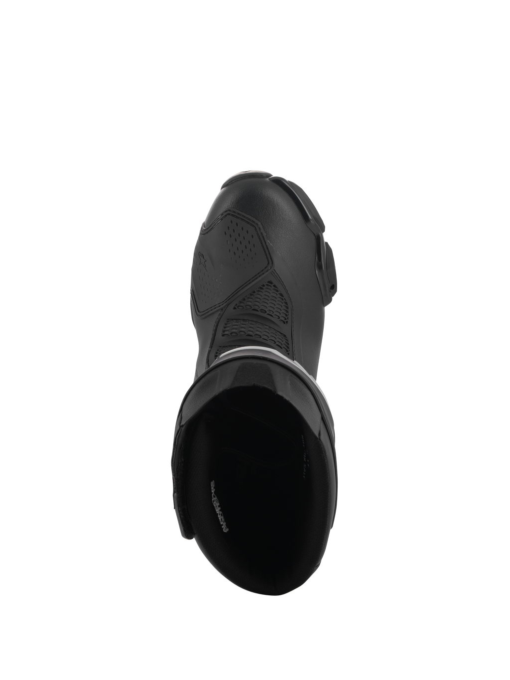 Alpinestars Stella SMX-6 V3 Drystar® laarzen, performance motorlaarzen voor dames, zwart, bovenaanzicht met de gewatteerde binnenopening en het getextureerde microvezel bovenwerk met een beschermend schakelpaneel