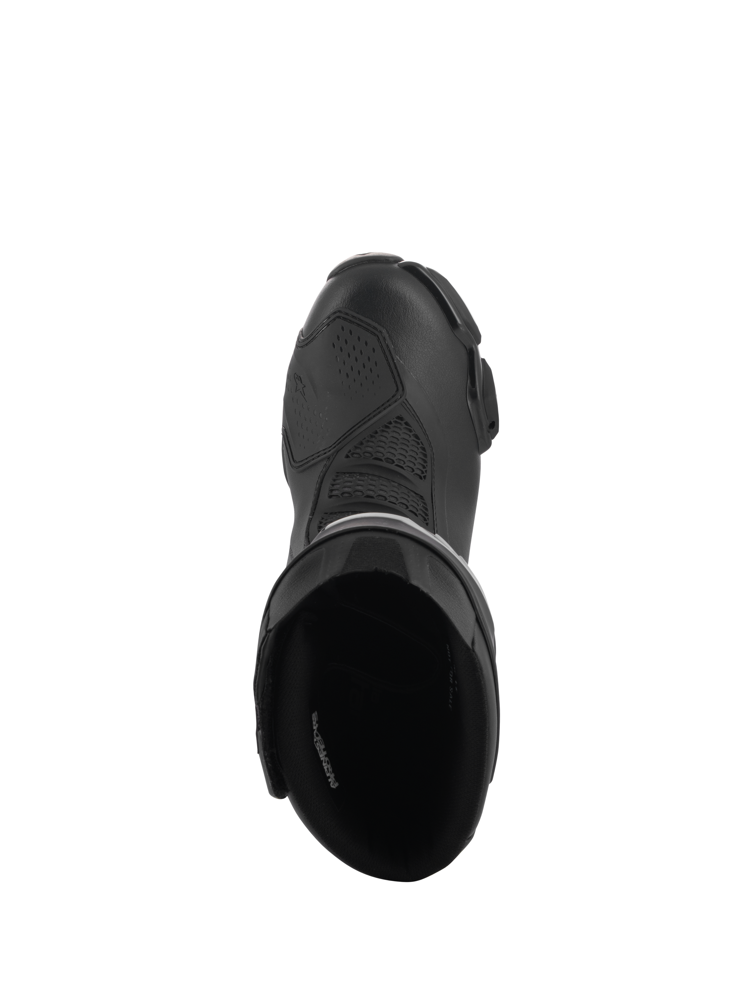 Alpinestars Stella SMX-6 V3 Drystar® laarzen, performance motorlaarzen voor dames, zwart, bovenaanzicht met de gewatteerde binnenopening en het getextureerde microvezel bovenwerk met een beschermend schakelpaneel