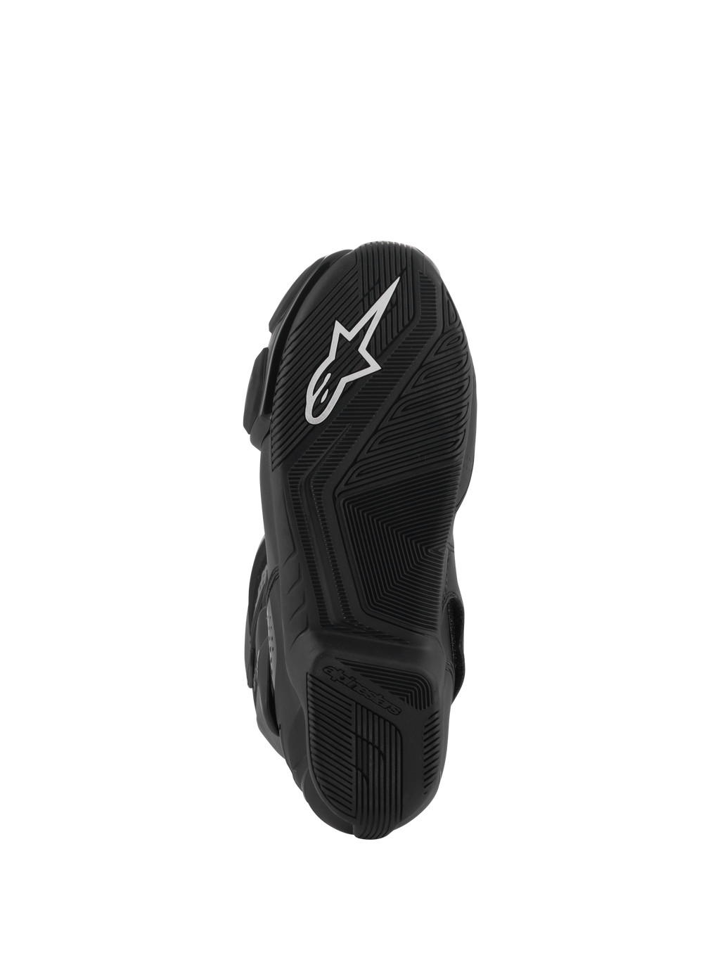 Alpinestars Stella SMX-6 V3 Drystar® Laarzen, onderaanzicht van de zwarte rubberen zool, opvallend wit Alpinestars sterlogo, getextureerde grippatronen voor tractie, gestroomlijnd ontwerp voor controle over de motorfiets